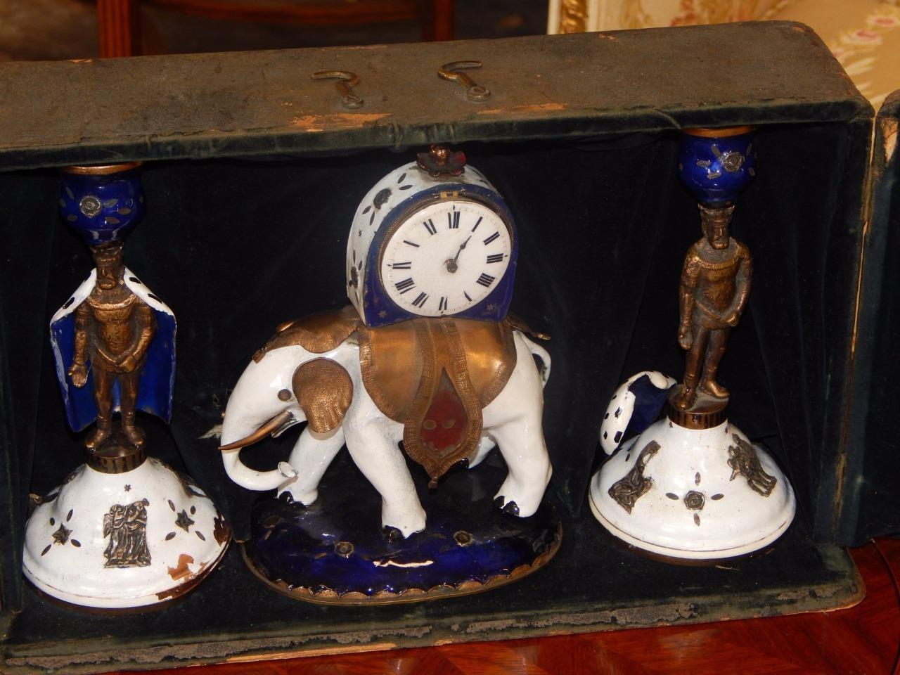 Extremely Rare Enameled Three-Piece Clock Set by 