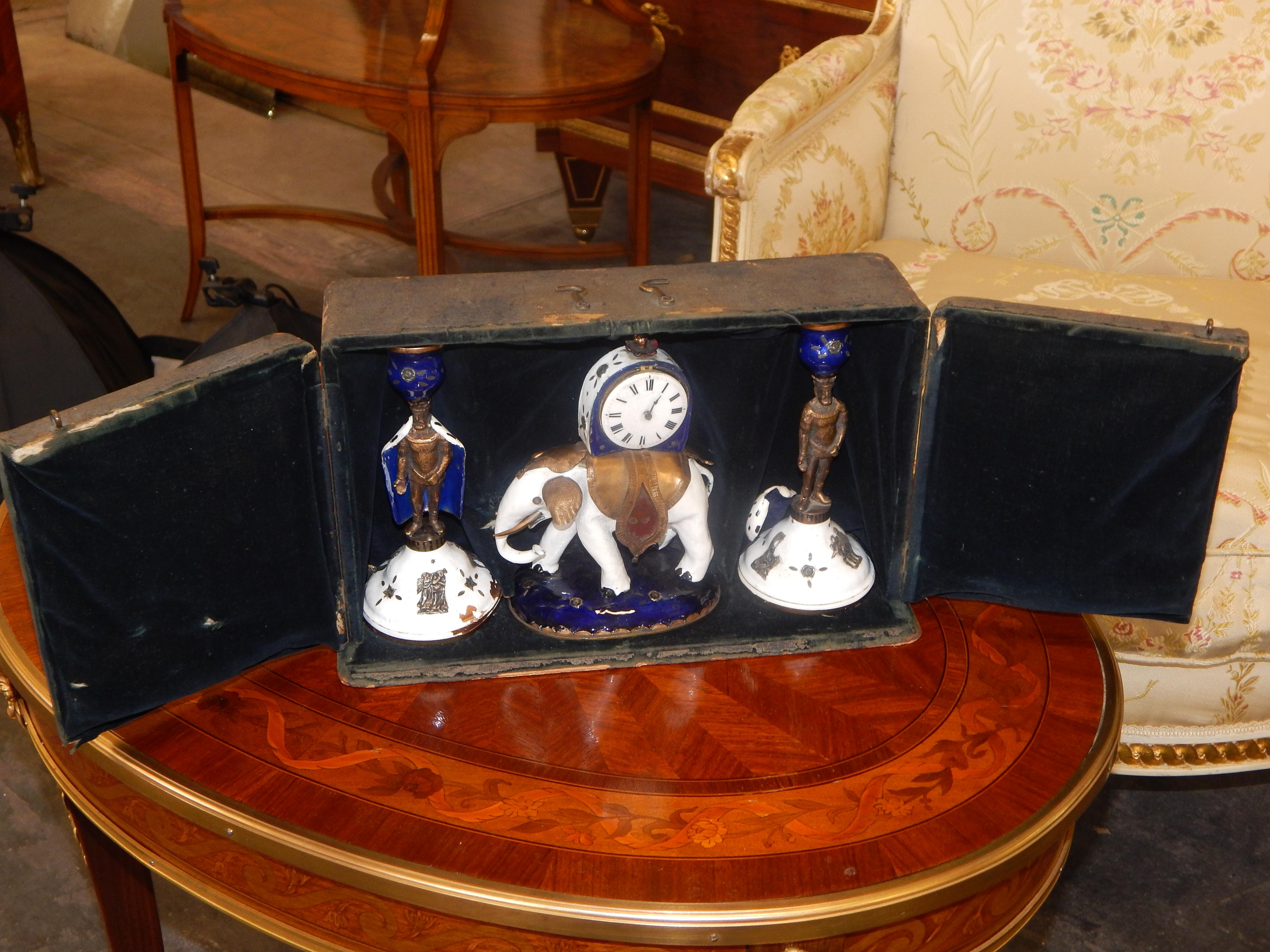 Extremely Rare Enameled Three-Piece Clock Set by 