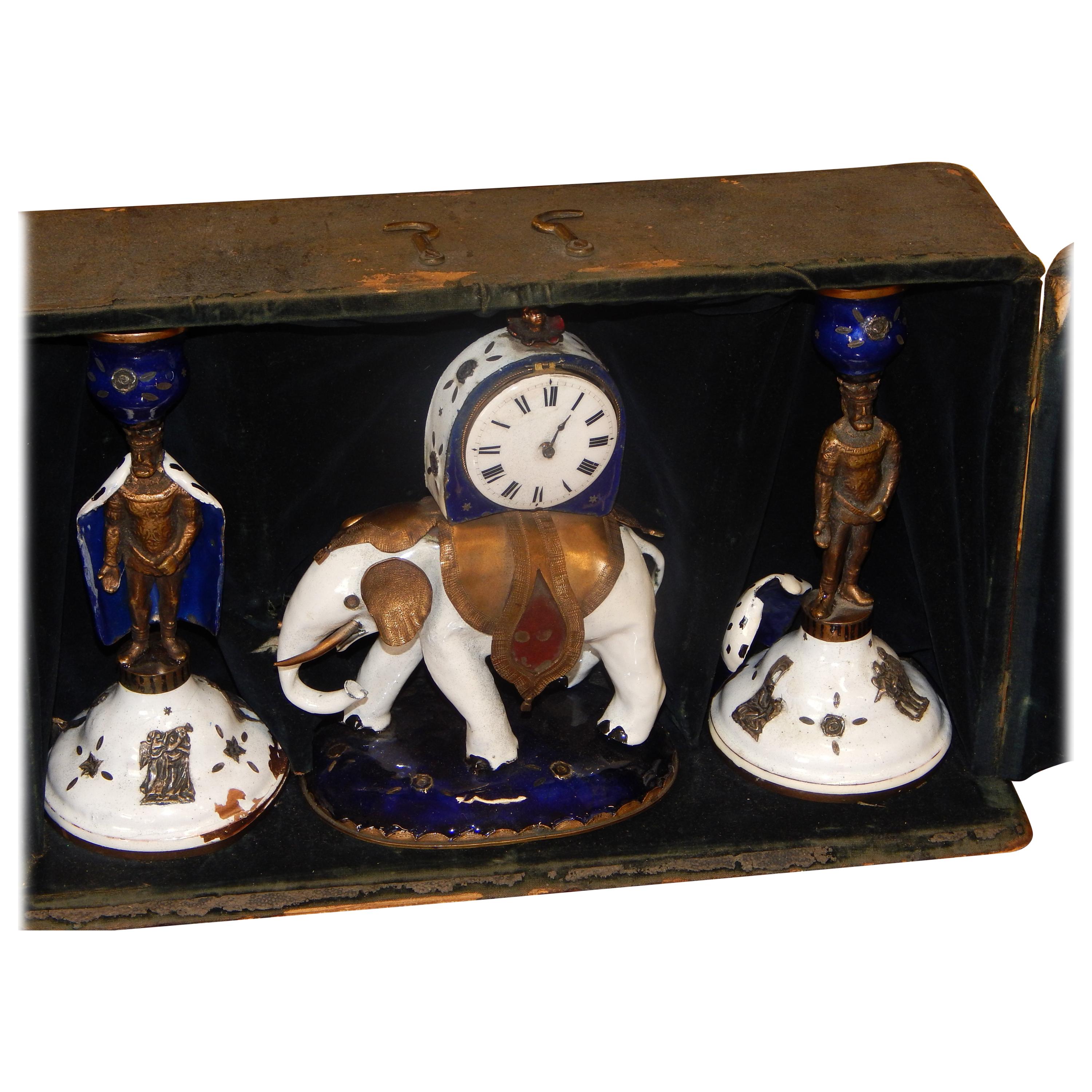 Extremely Rare Enameled Three-Piece Clock Set by "Lormier" with Travel Case 1810 For Sale