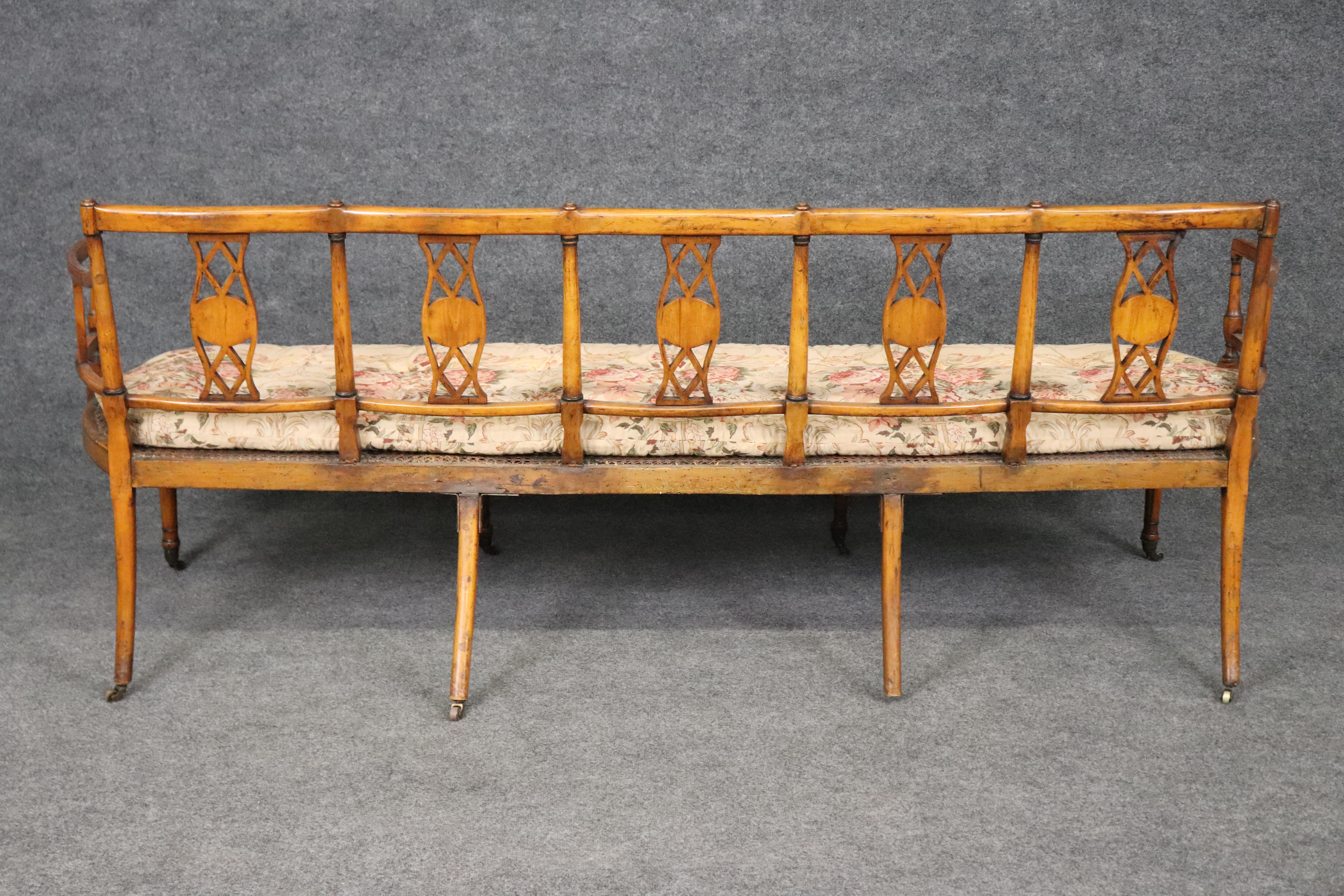 Extremely Rare English Adams Paint Decorated Satinwood 5 Person Cane Settee For Sale 5