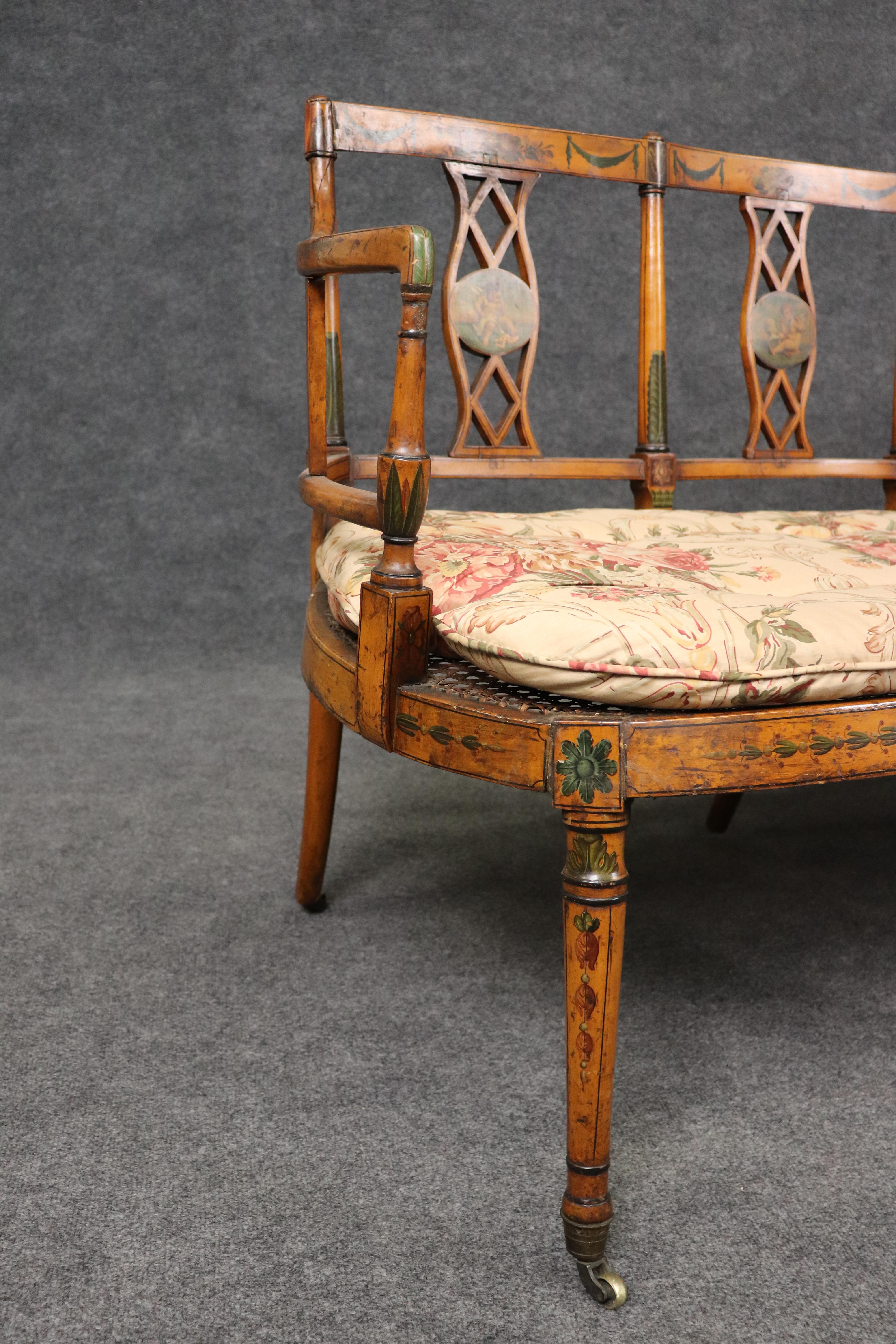 Extremely Rare English Adams Paint Decorated Satinwood 5 Person Cane Settee For Sale 7