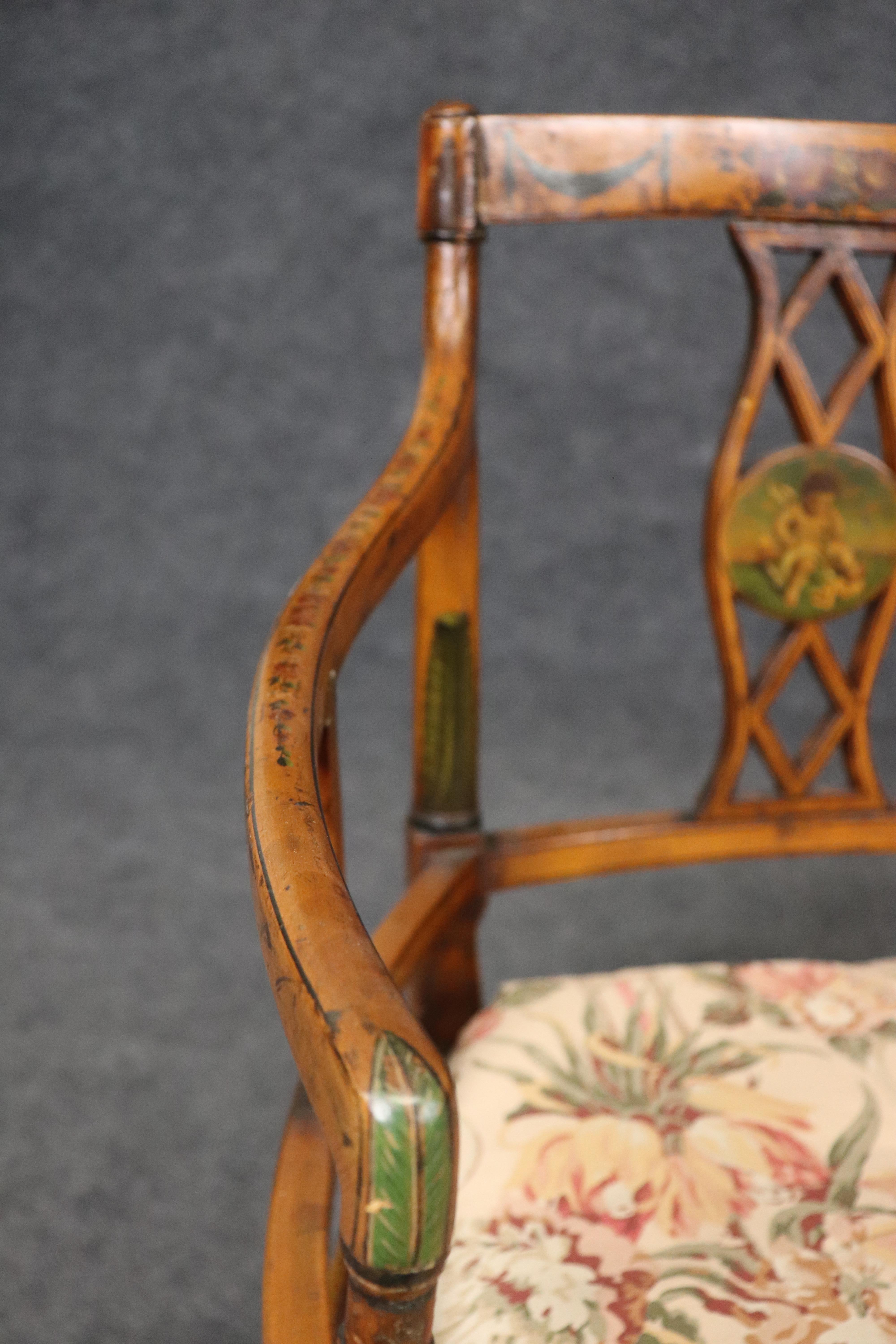 Extremely Rare English Adams Paint Decorated Satinwood 5 Person Cane Settee For Sale 9