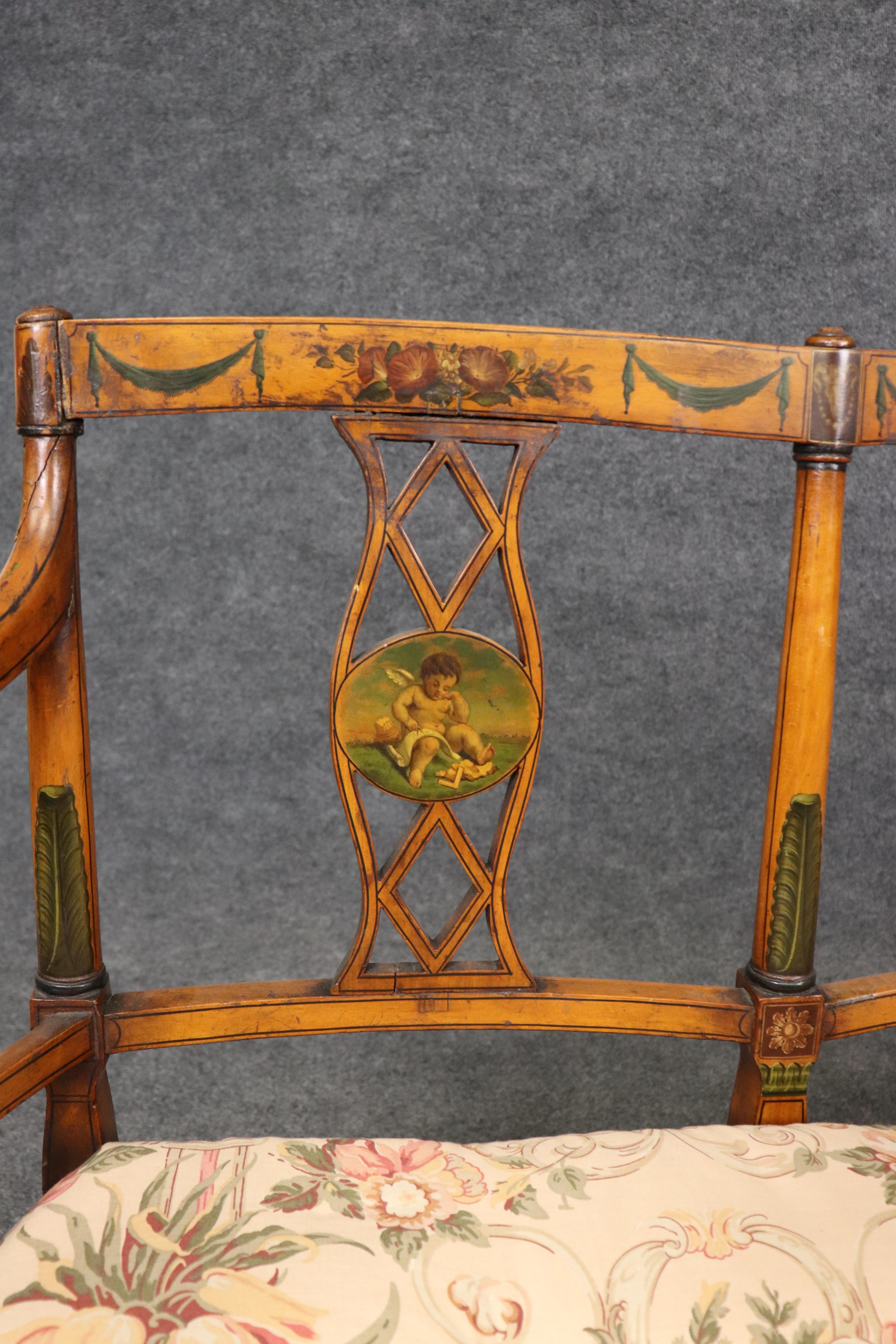 Extremely Rare English Adams Paint Decorated Satinwood 5 Person Cane Settee For Sale 10