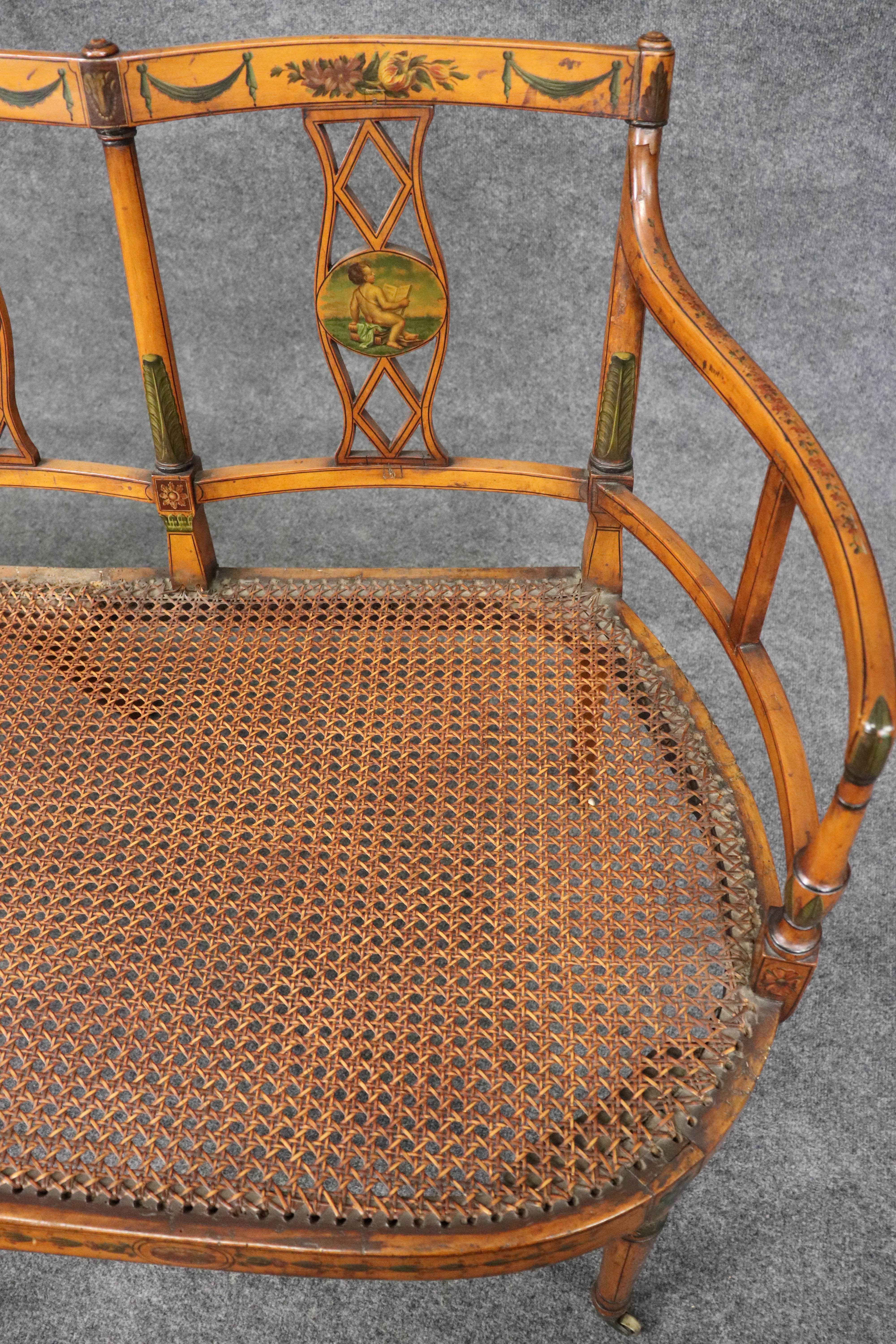 Extremely Rare English Adams Paint Decorated Satinwood 5 Person Cane Settee For Sale 12