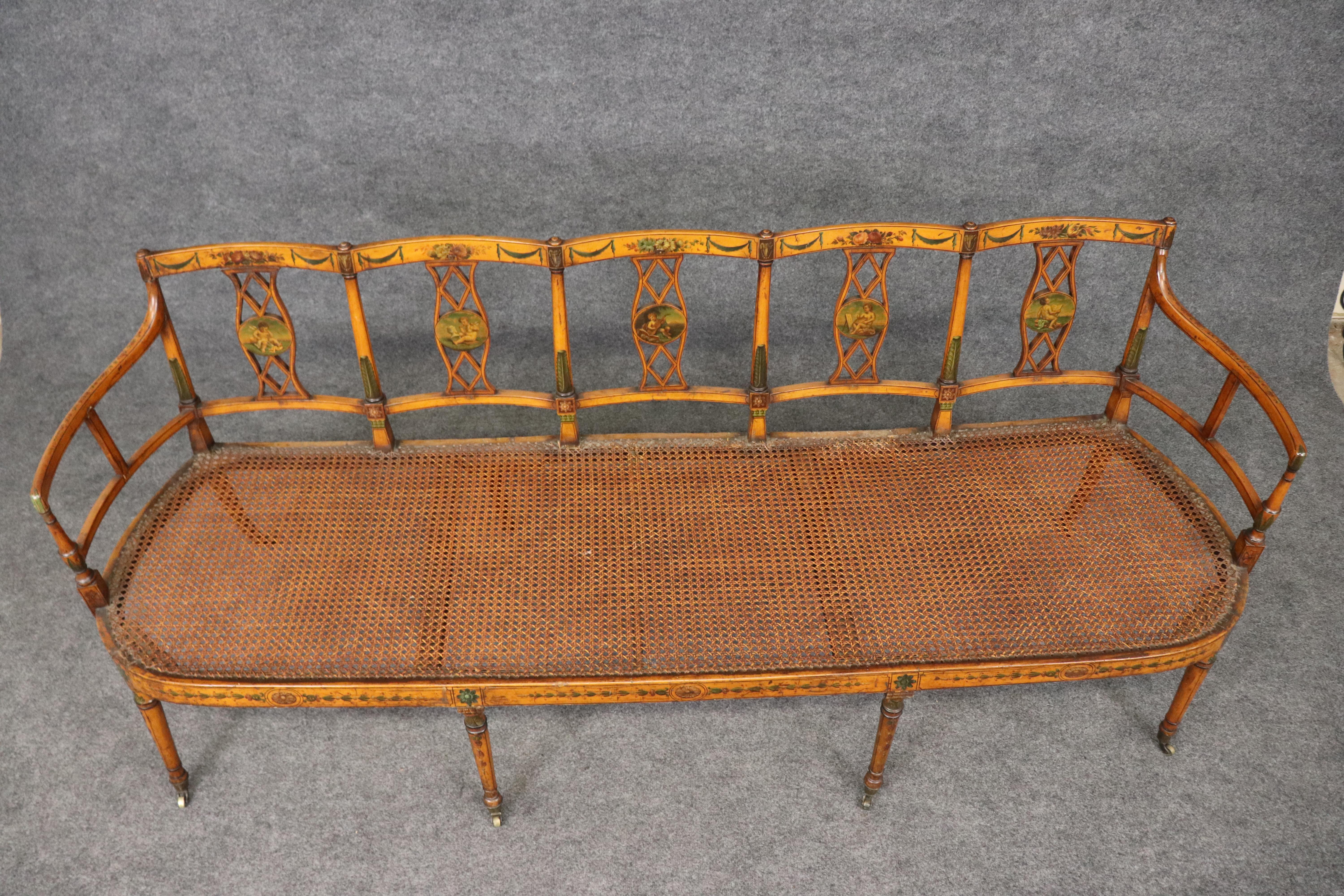 Extremely Rare English Adams Paint Decorated Satinwood 5 Person Cane Settee For Sale 13