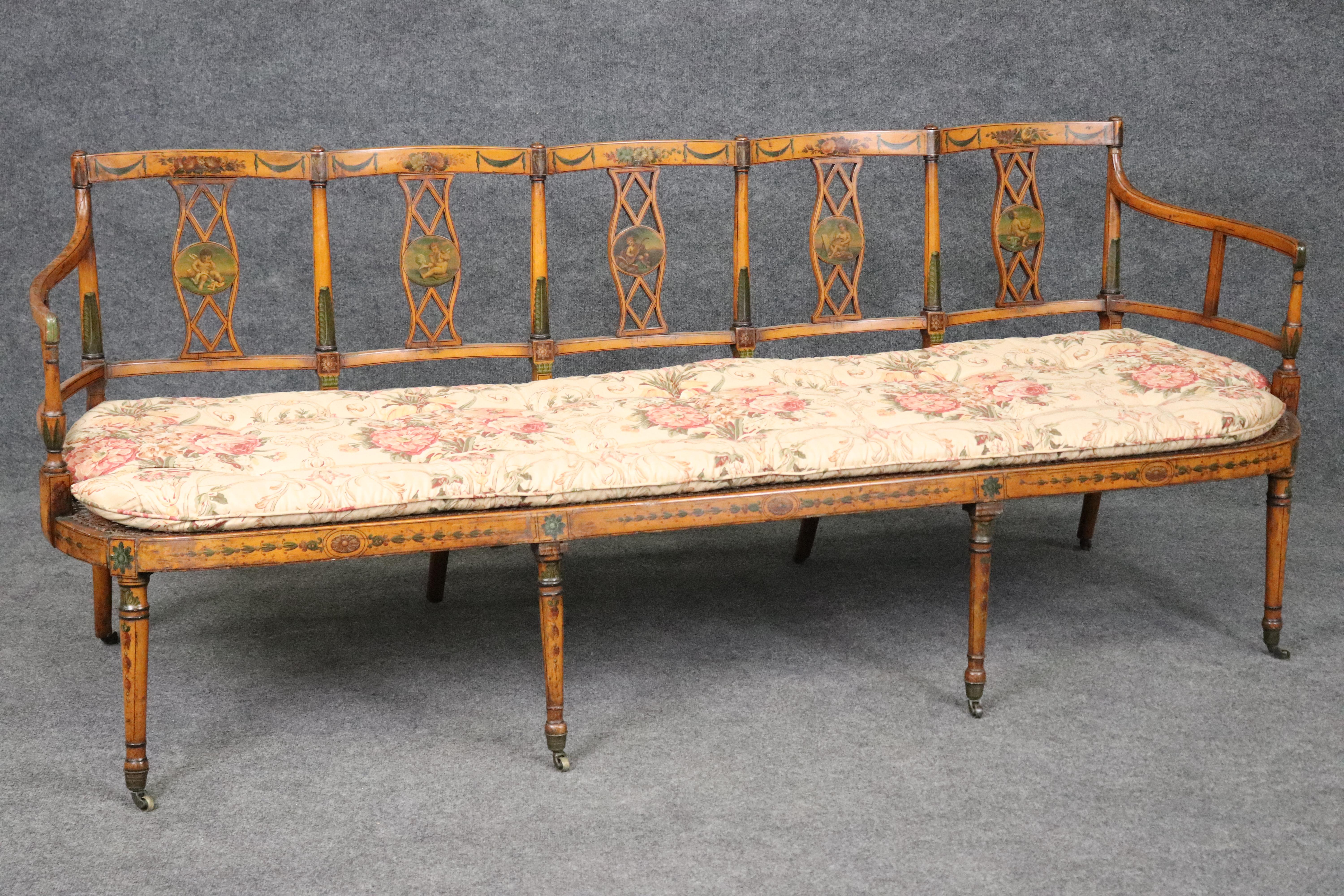 Adam Style Extremely Rare English Adams Paint Decorated Satinwood 5 Person Cane Settee For Sale