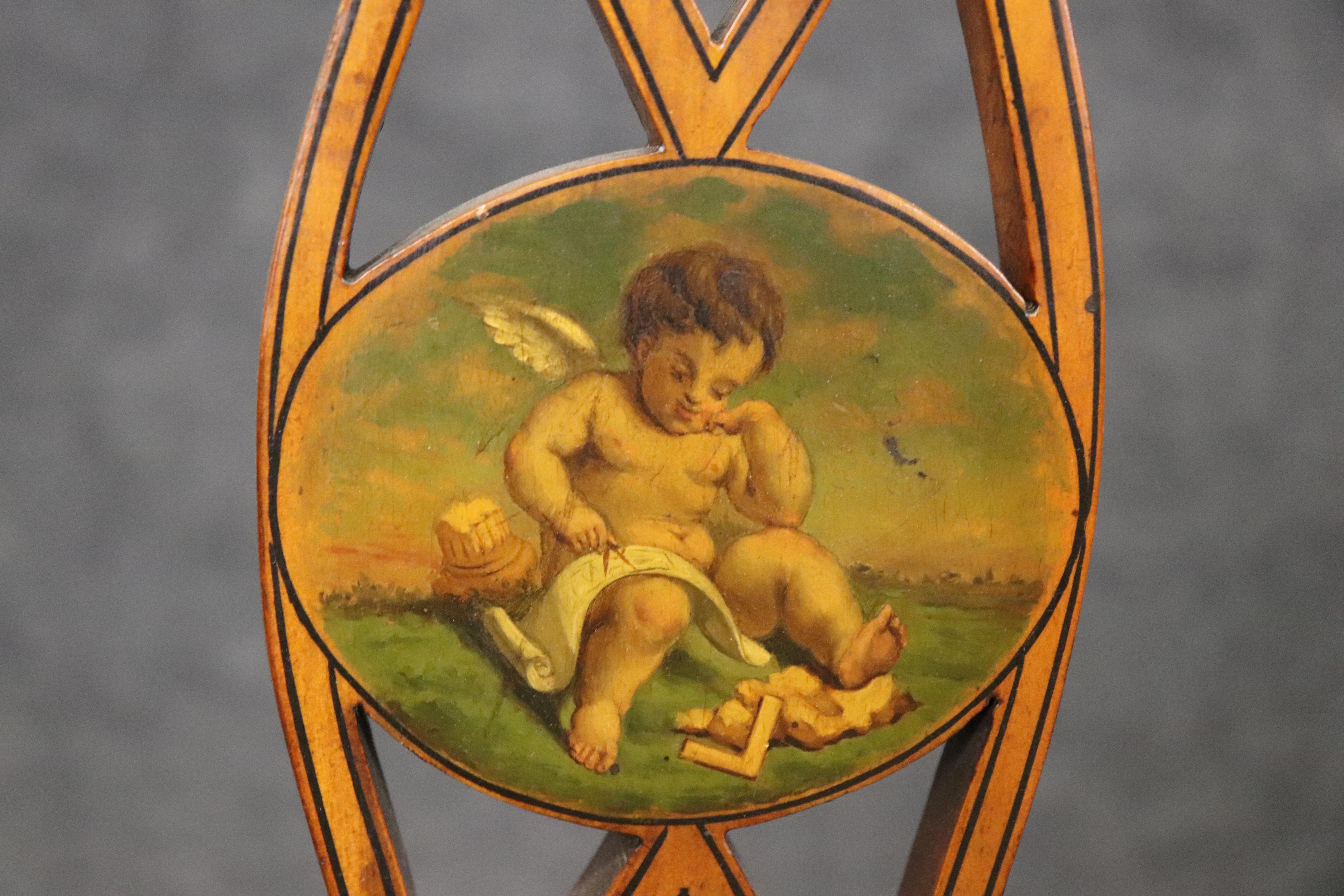 Extremely Rare English Adams Paint Decorated Satinwood 5 Person Cane Settee In Good Condition For Sale In Swedesboro, NJ