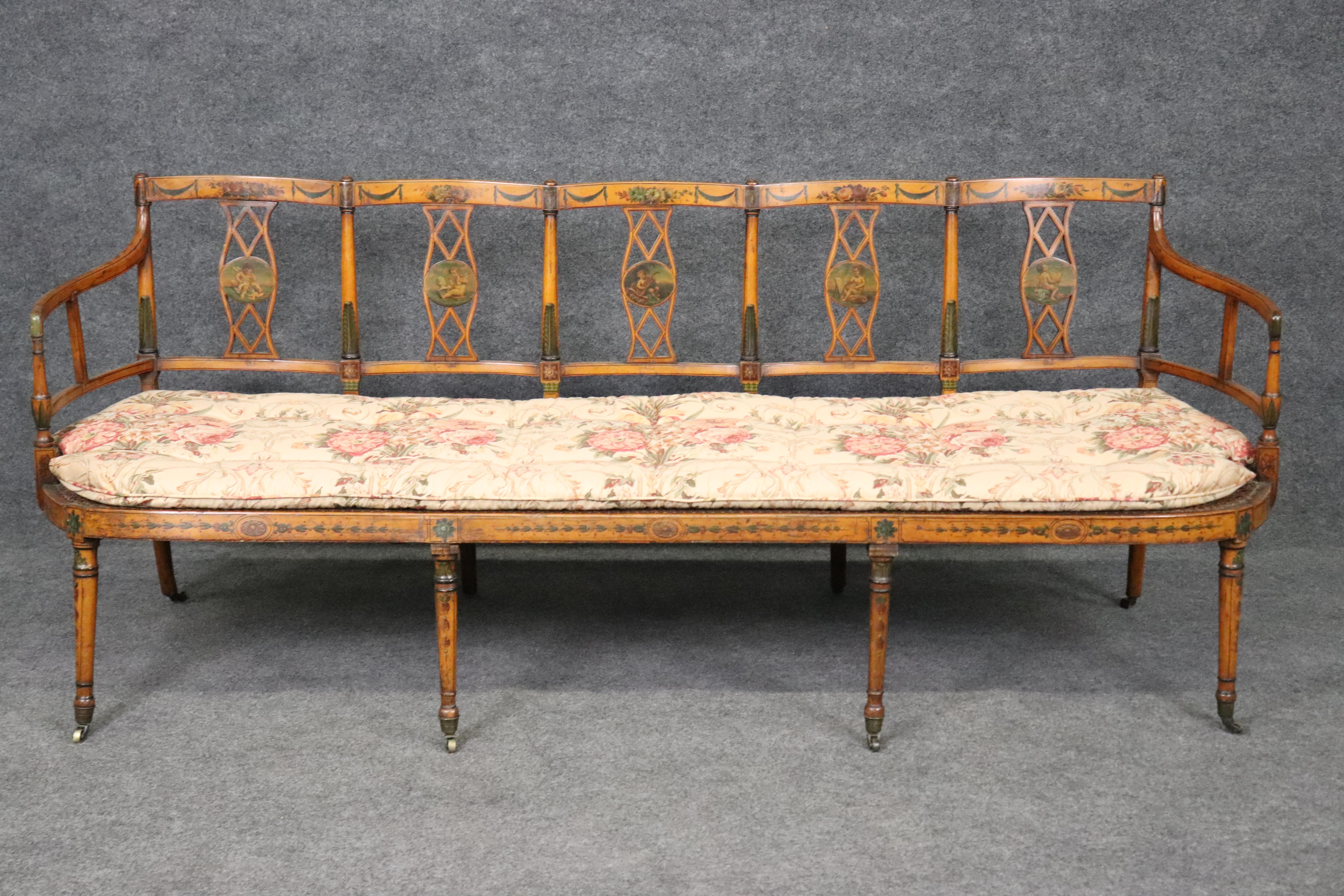 Extremely Rare English Adams Paint Decorated Satinwood 5 Person Cane Settee For Sale 3