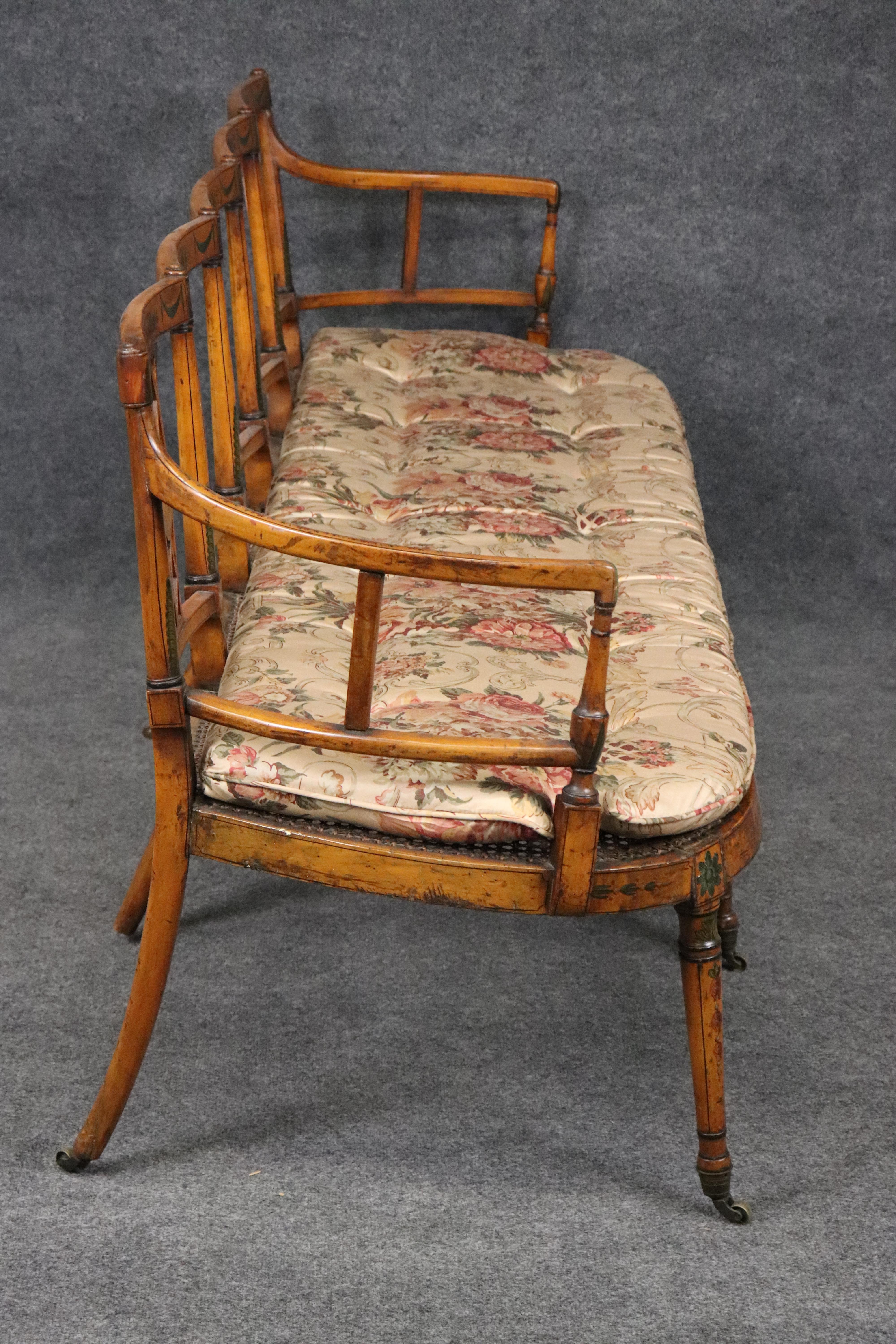 Extremely Rare English Adams Paint Decorated Satinwood 5 Person Cane Settee For Sale 4