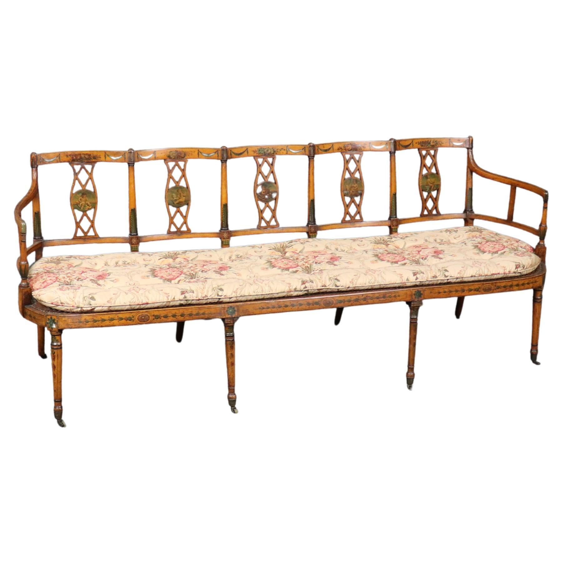 Extremely Rare English Adams Paint Decorated Satinwood 5 Person Cane Settee