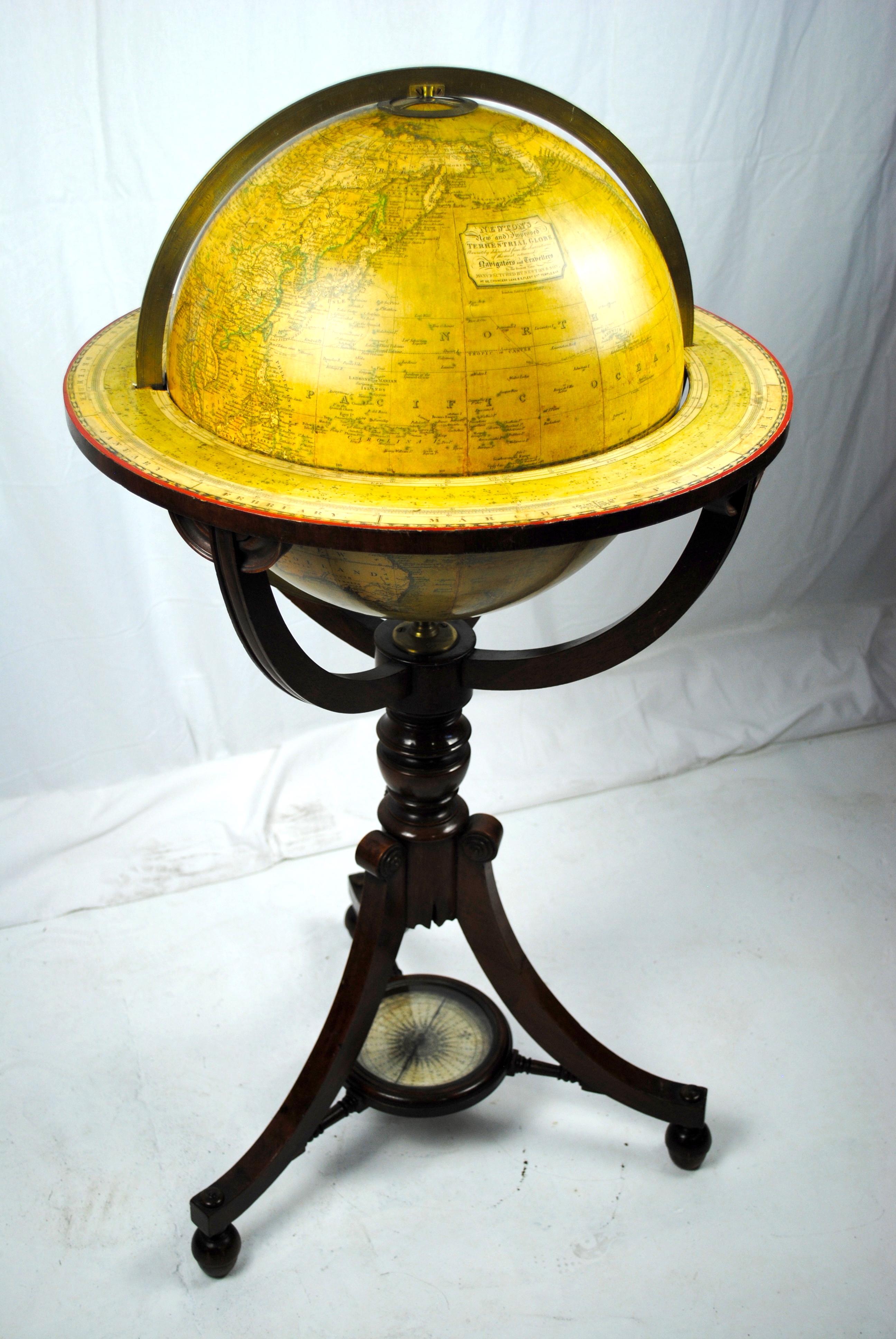 Hand-Painted 19th Century English Globe by Renowned Cartographers John Newton and Son For Sale