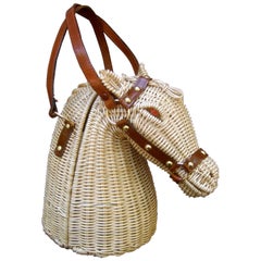 Extremely Rare Figural Wicker Artisan Horse Design Handbag c 1970