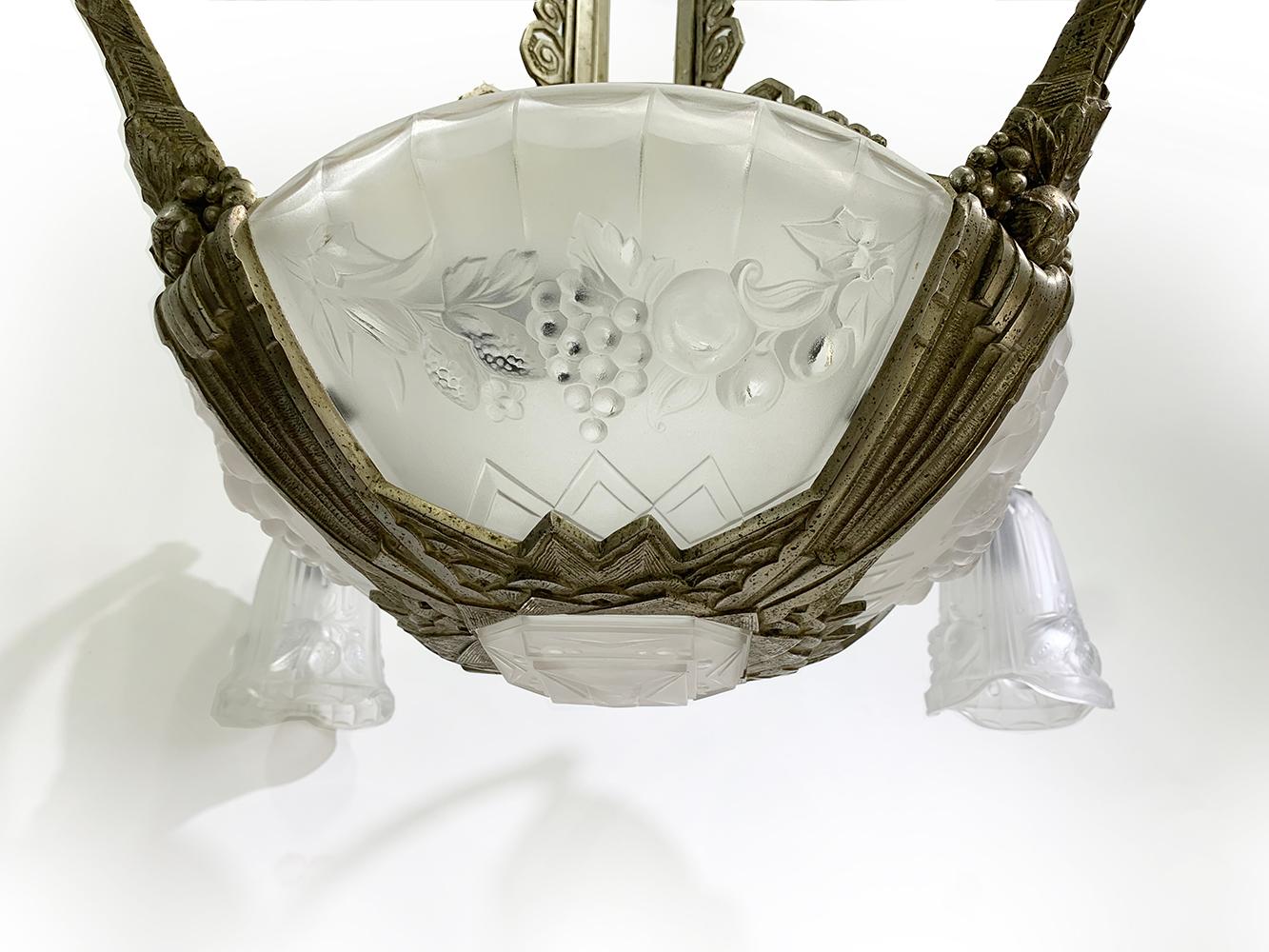 Frosted Extremely Rare, French Art Deco Chandelier, Signed by Gilles, circa 1920