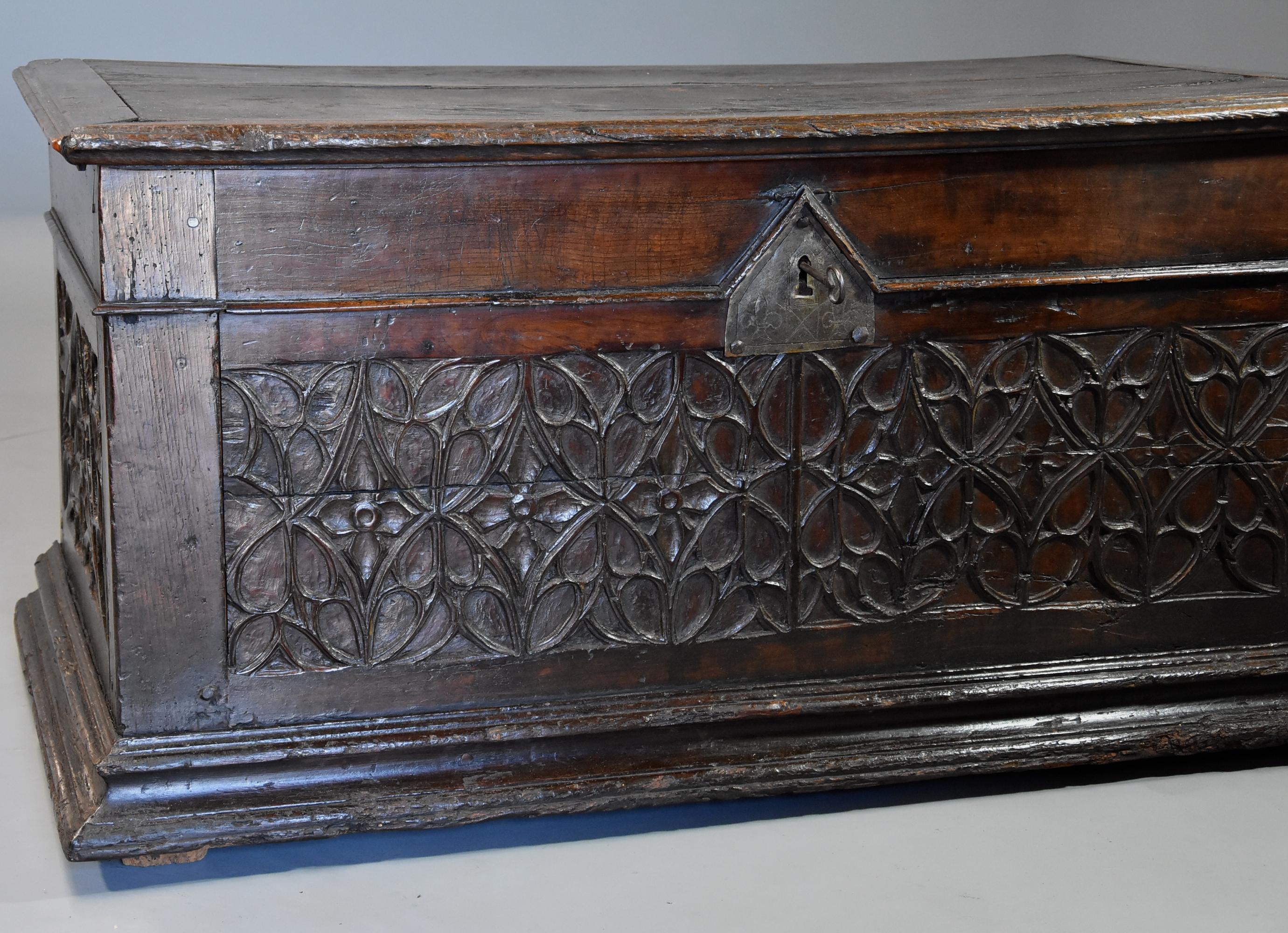 Extremely Rare French Early 16th Century Fruitwood Coffer of Superb Patina 1