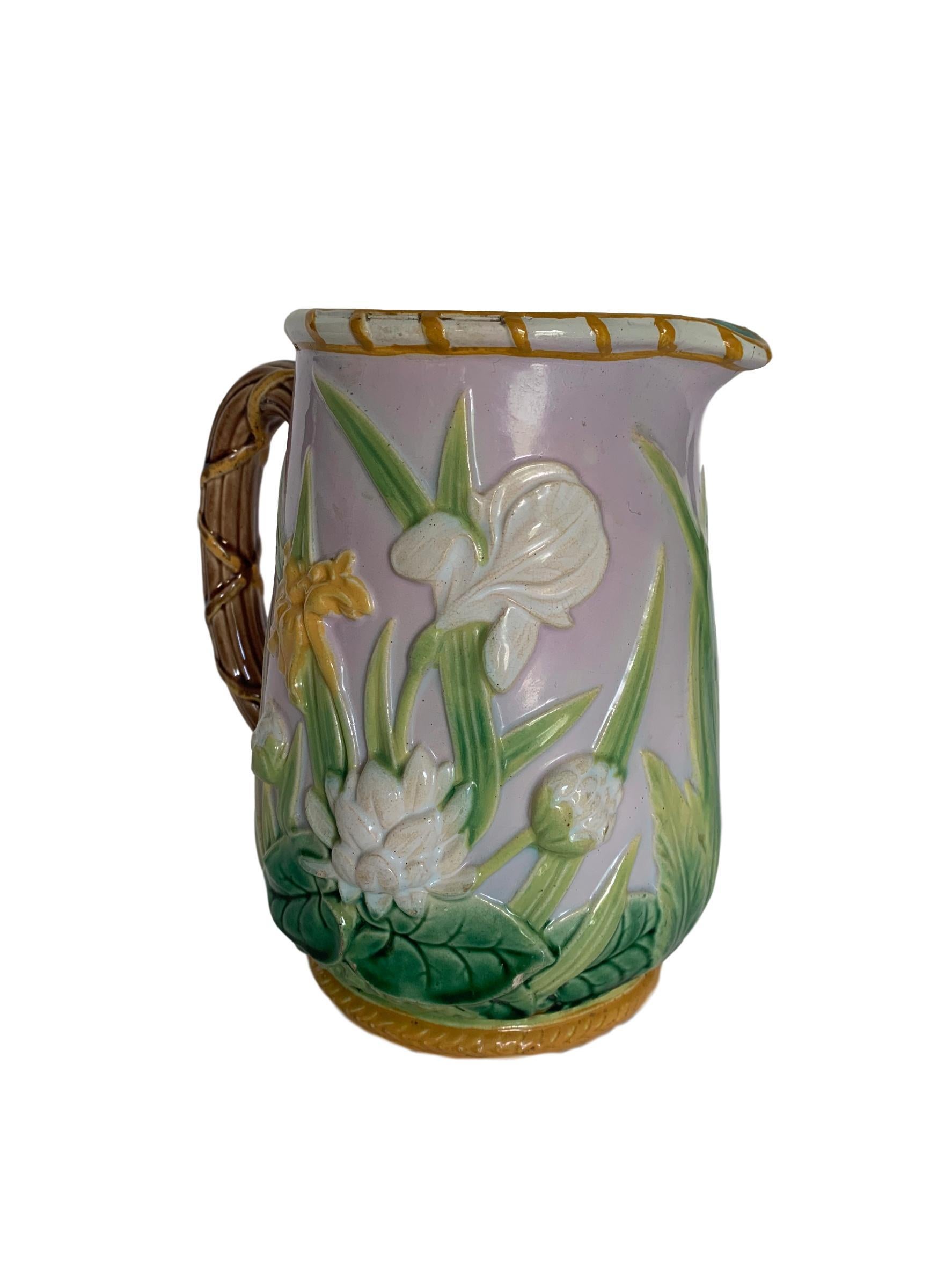 Extremely rare George Jones Majolica Iris Pitcher, England, Victorian, circa 1870s. Professional restoration to the spout.