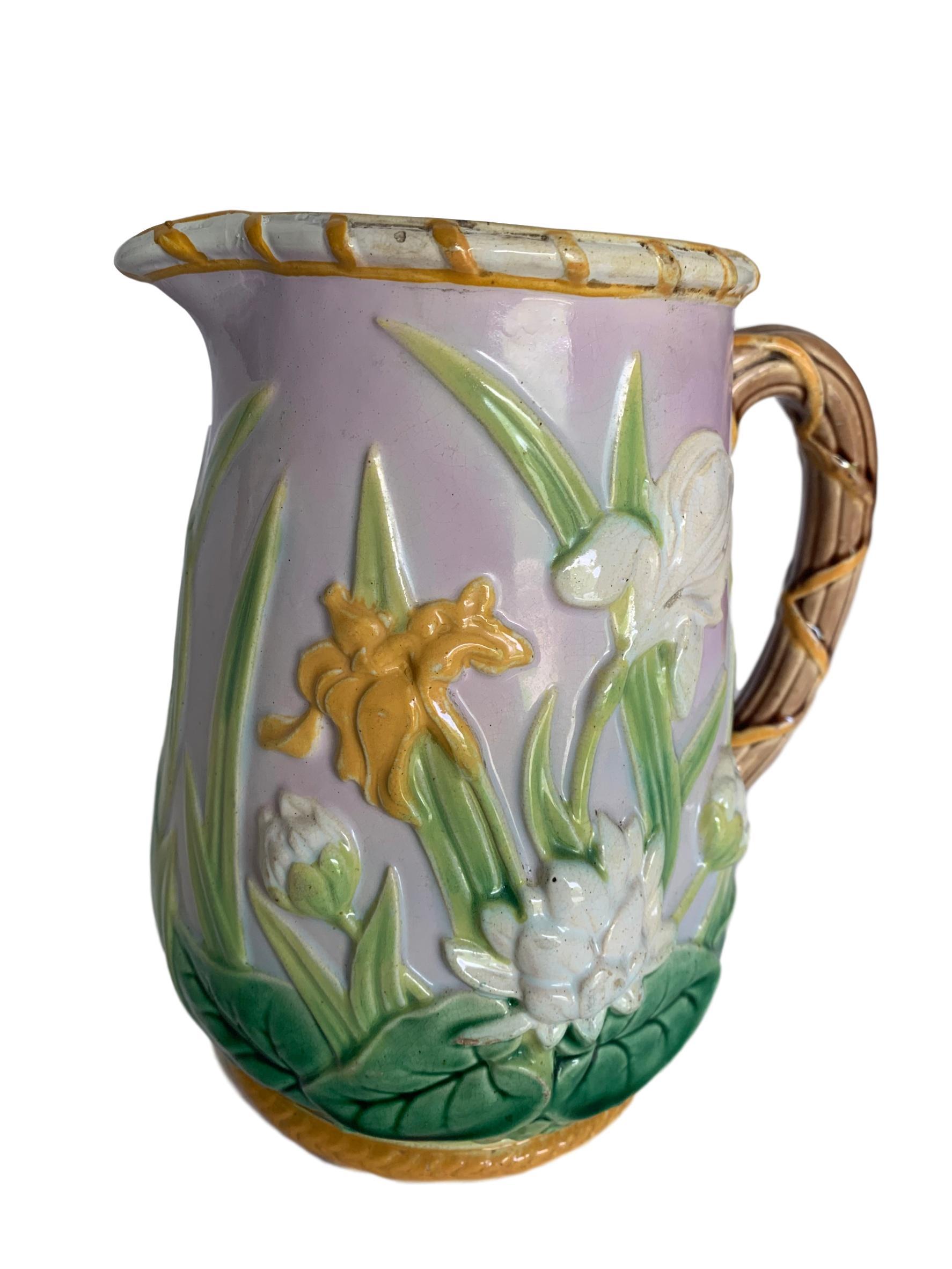 Victorian George Jones Majolica Iris Pitcher, England, circa 1875 For Sale