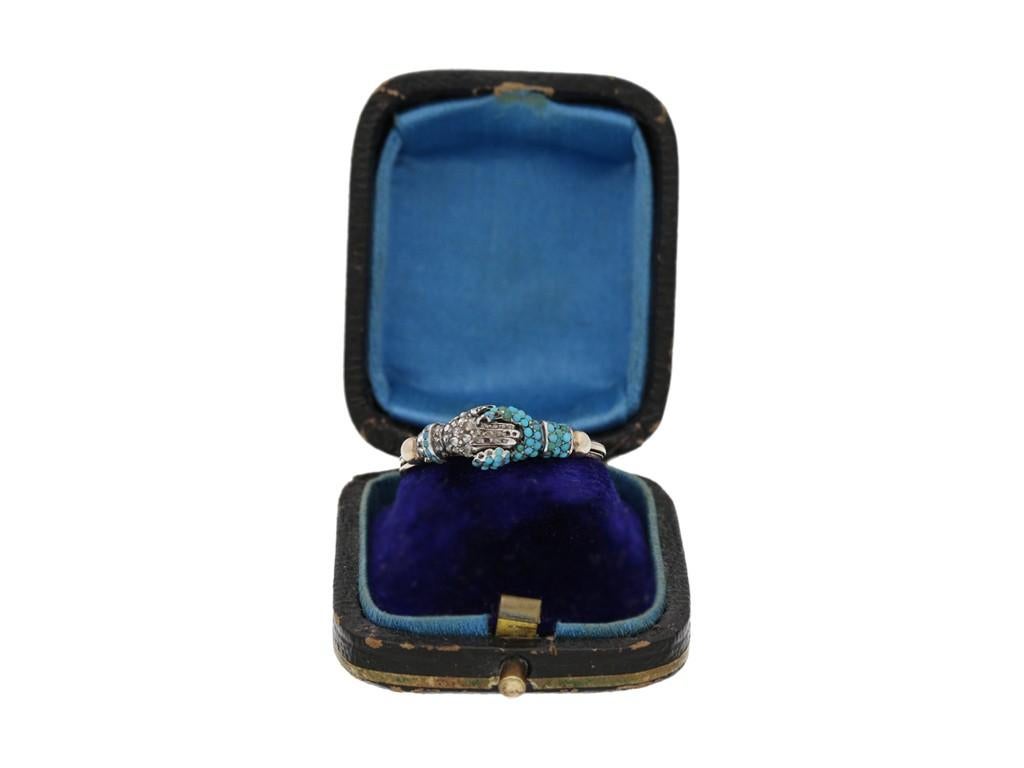 Round Cut Extremely Rare, Georgian Turquoise and Diamond Fede Ring, circa 1750 For Sale