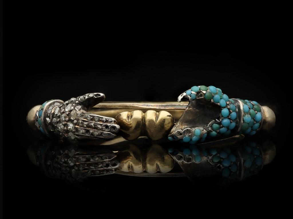 Extremely Rare, Georgian Turquoise and Diamond Fede Ring, circa 1750 For Sale 1