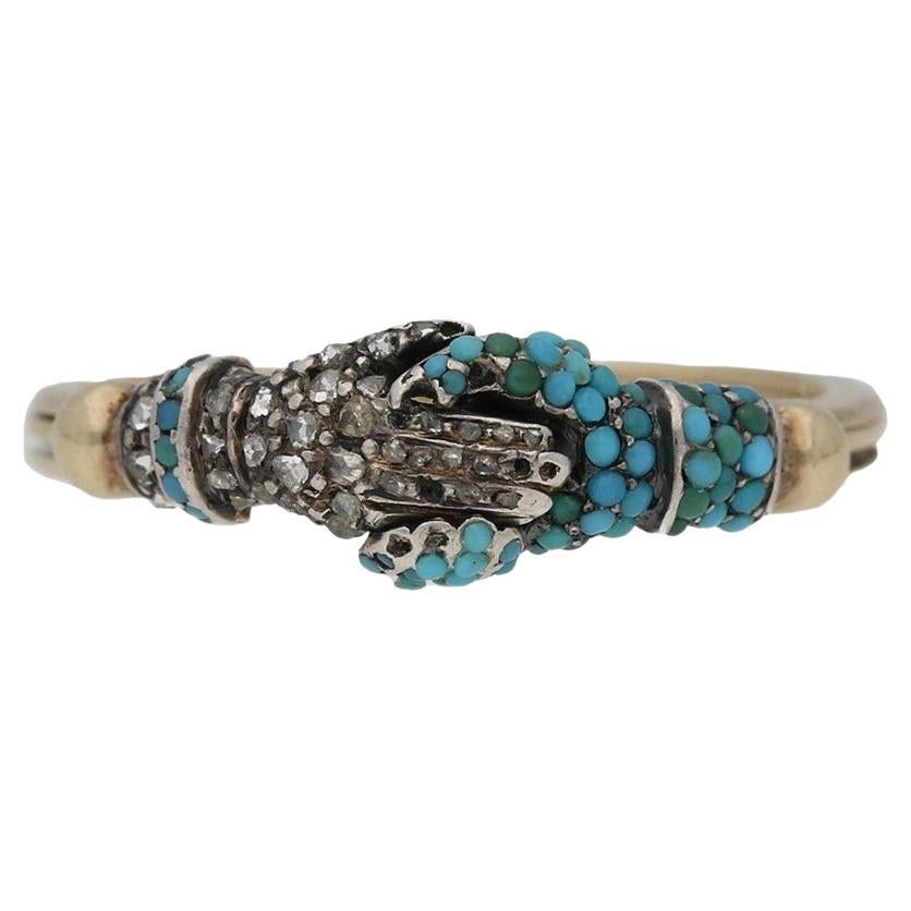 Extremely Rare, Georgian Turquoise and Diamond Fede Ring, circa 1750 For Sale