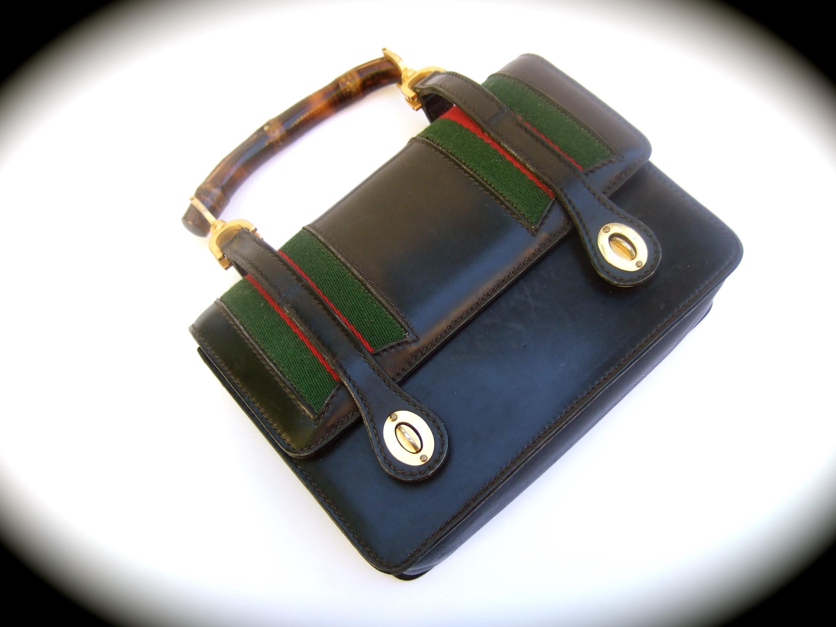 Extremely Rare Gucci Black Leather Bamboo Handle Handbag c 1970s In Good Condition For Sale In University City, MO