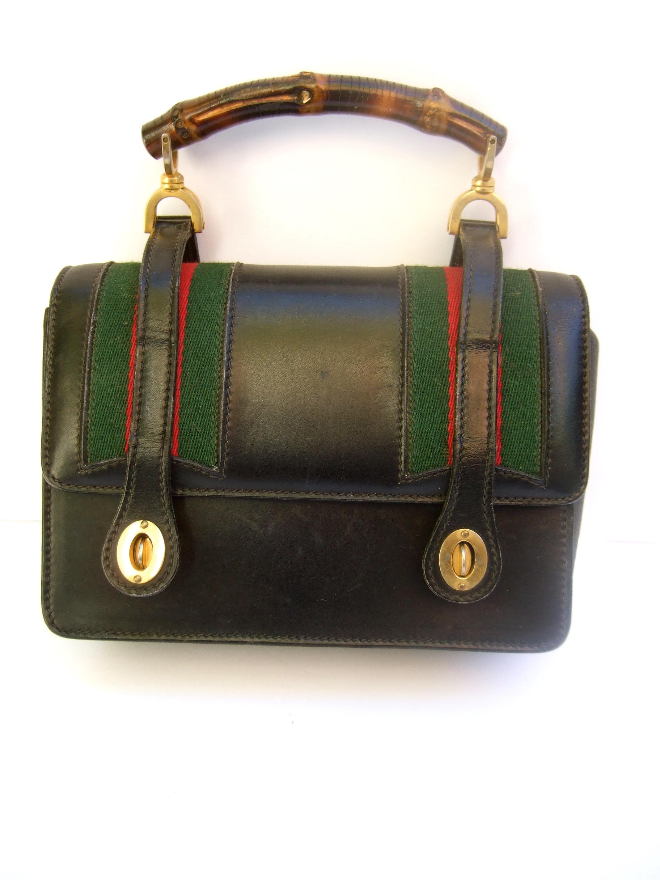 Women's Extremely Rare Gucci Black Leather Bamboo Handle Handbag c 1970s For Sale