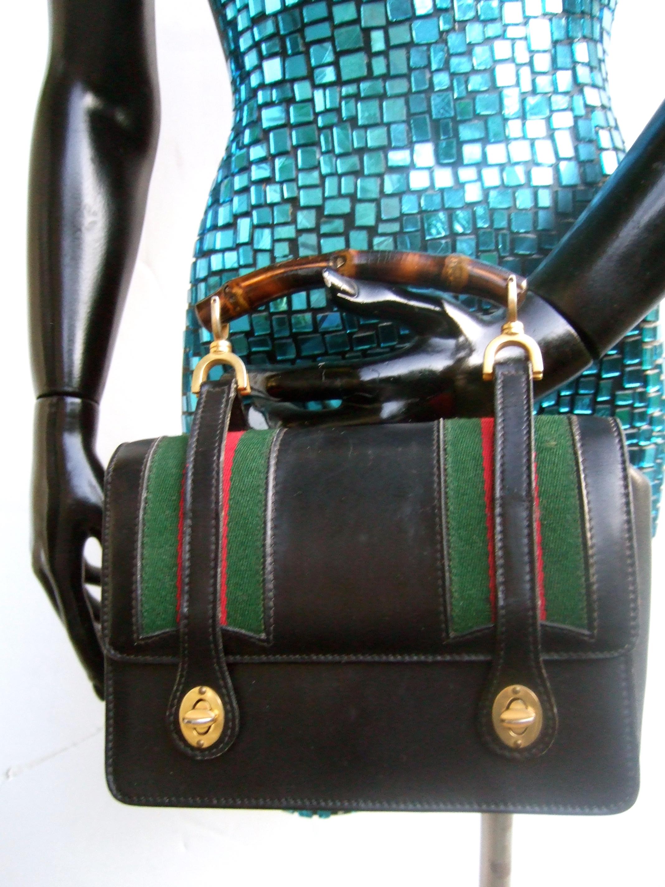 Extremely Rare Gucci Black Leather Bamboo Handle Handbag c 1970s For Sale 1