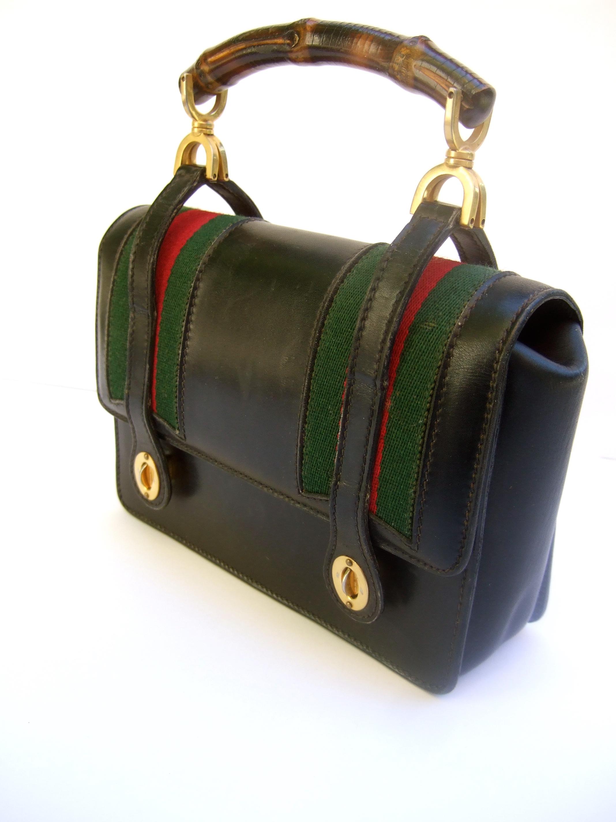 Extremely Rare Gucci Black Leather Bamboo Handle Handbag c 1970s For Sale 3