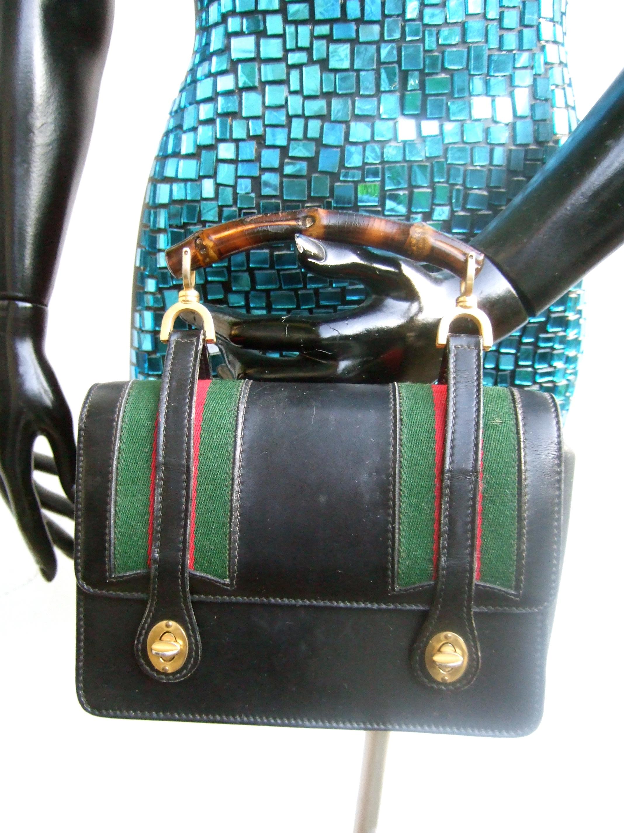 Extremely Rare Gucci Black Leather Bamboo Handle Handbag c 1970s For Sale 4