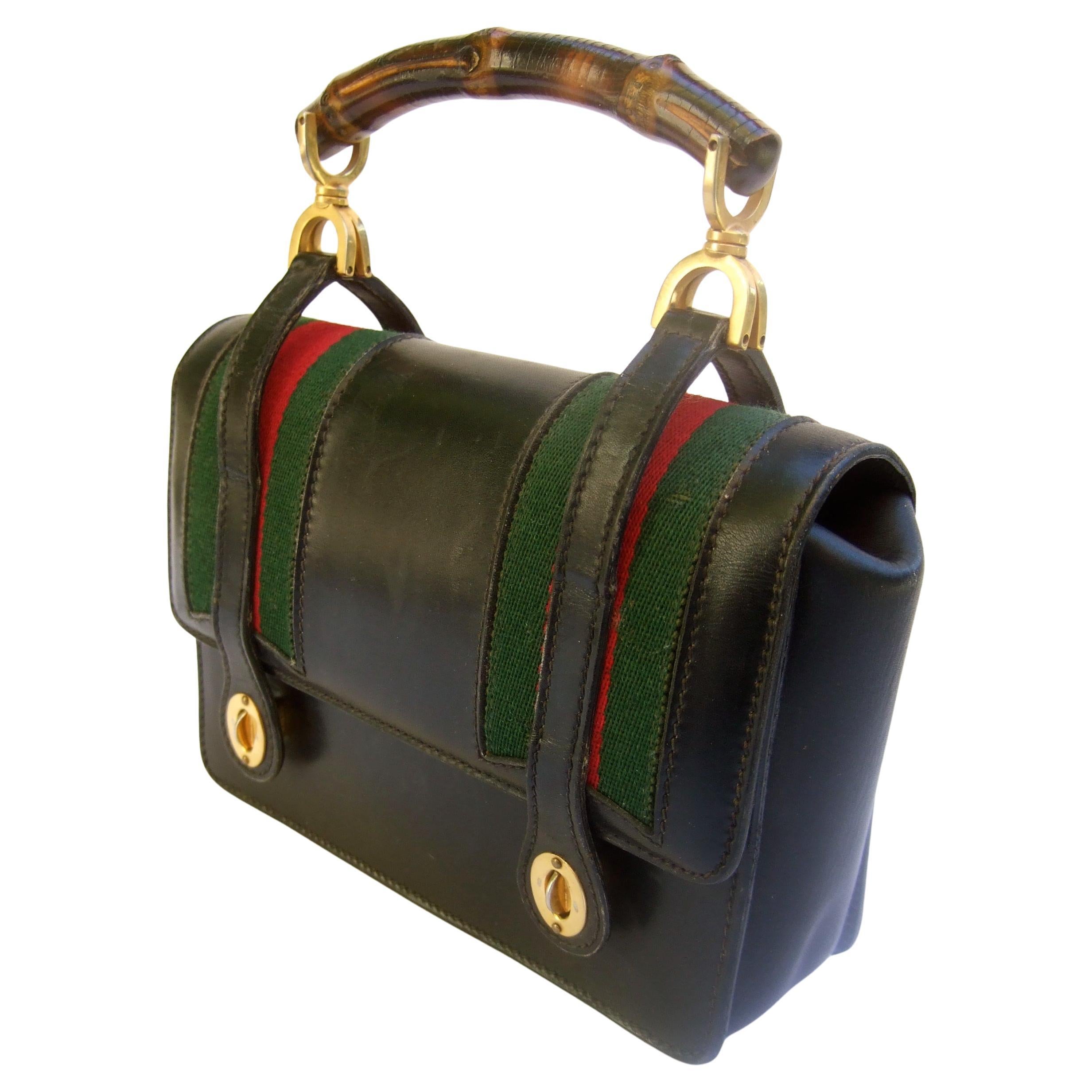 Extremely Rare Gucci Black Leather Bamboo Handle Handbag c 1970s For Sale
