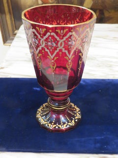 Extremely Rare Important 19th C Cranberry Gold White Floral Glass Goblet