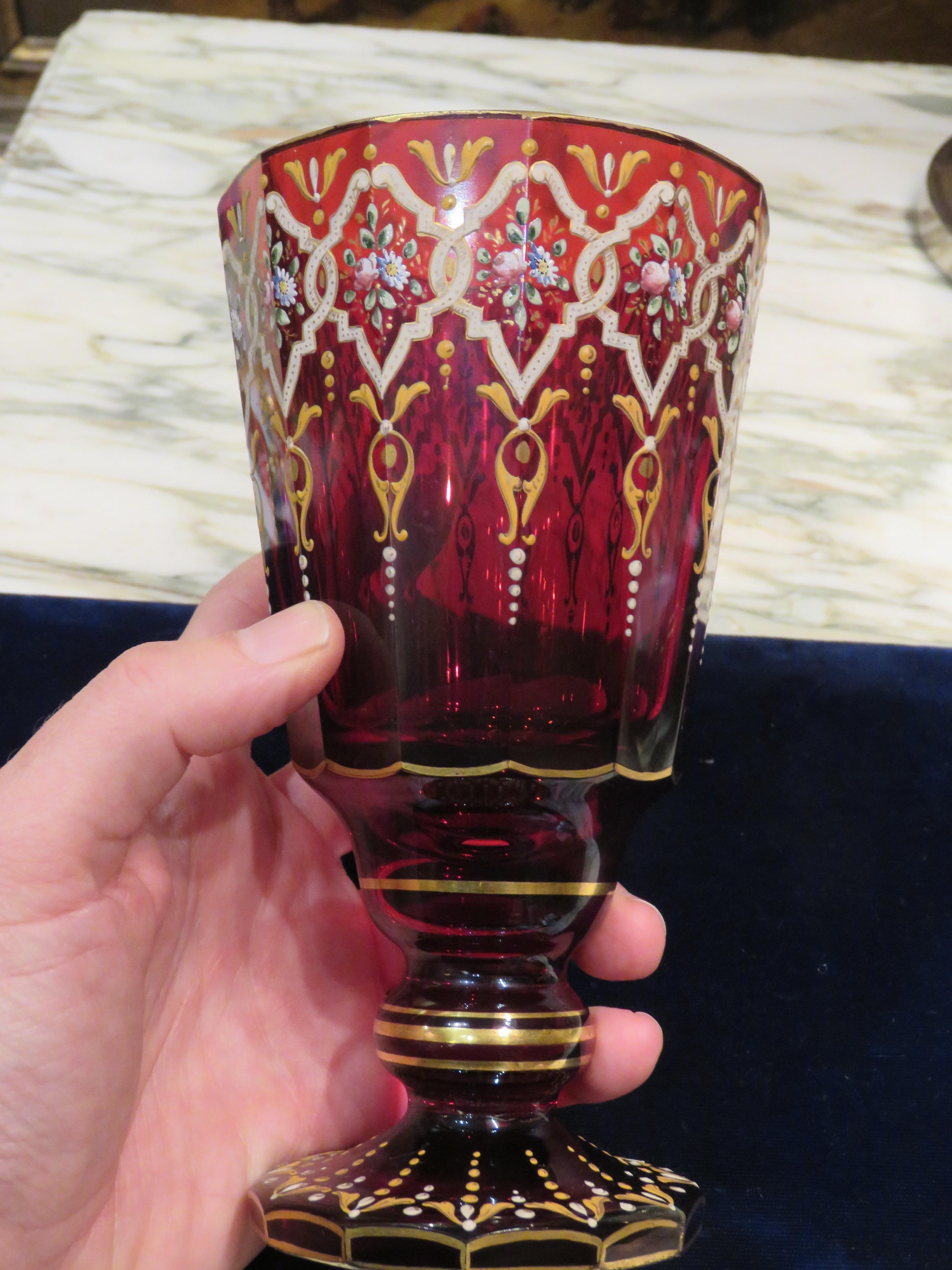 French Extremely Rare Important 19th C Cranberry Gold White Floral Glass Goblet For Sale