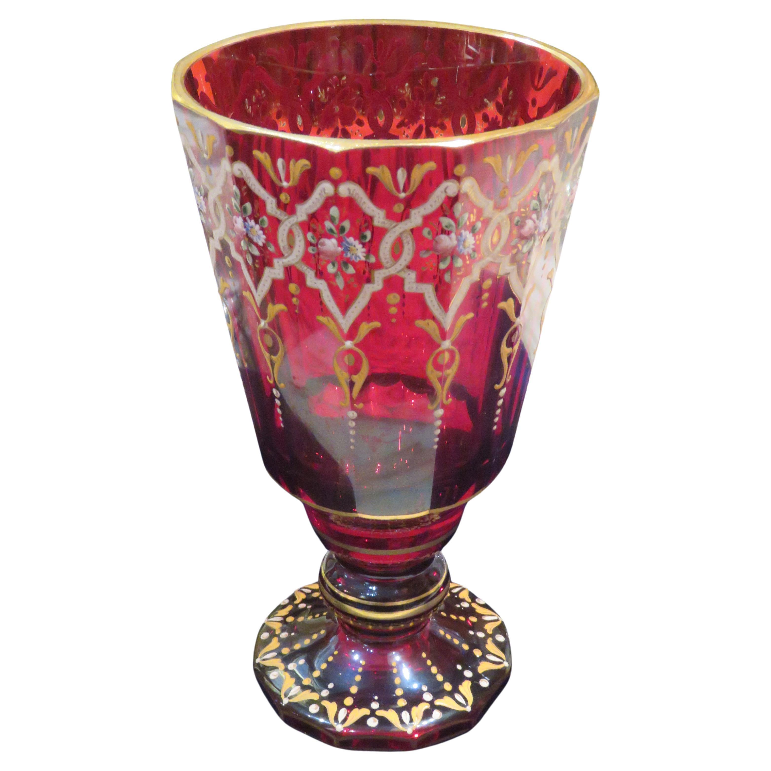 Extremely Rare Important 19th C Cranberry Gold White Floral Glass Goblet For Sale
