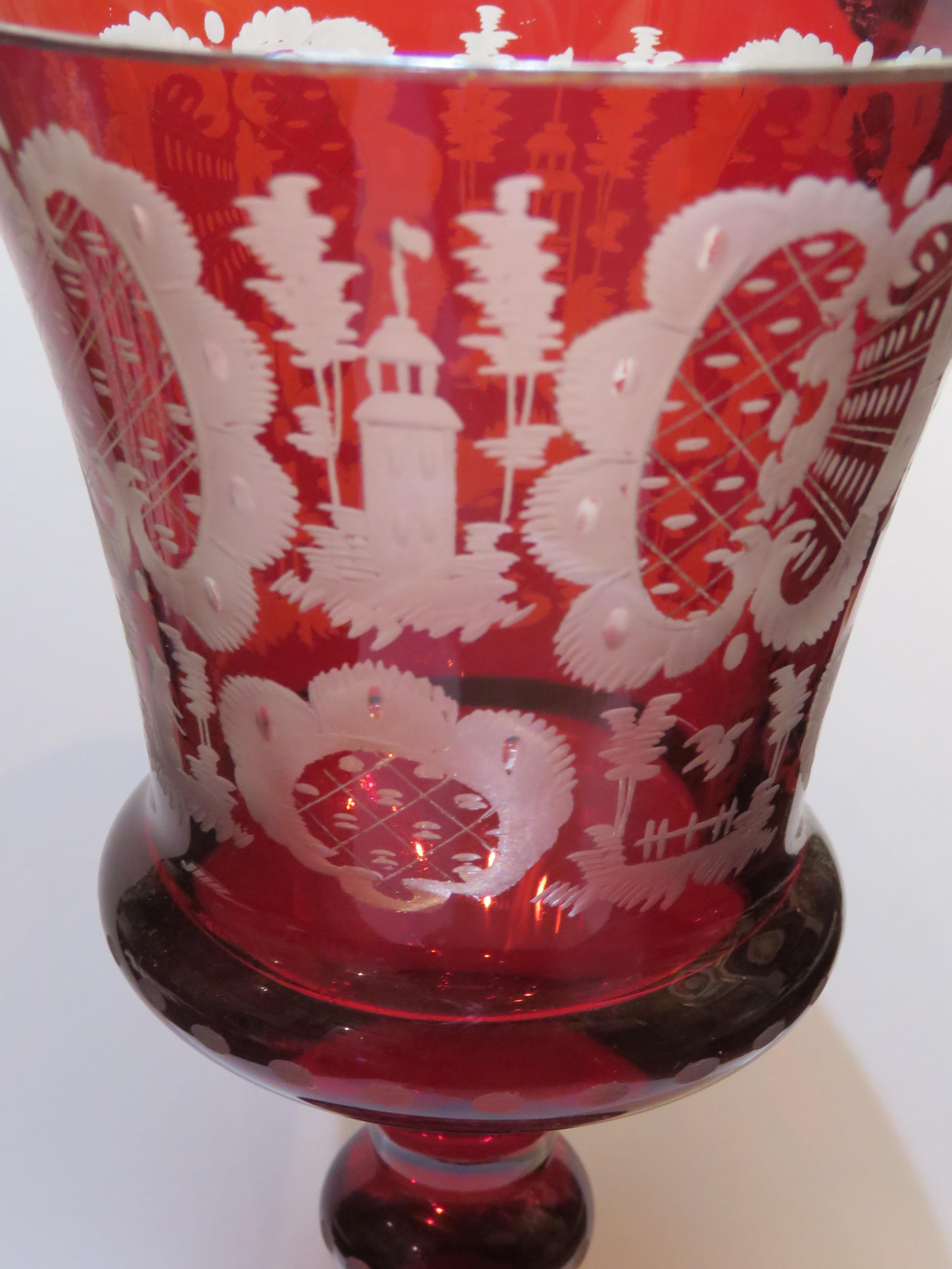French Extremely Rare Important 19th C Etched Cranberry Red to Clear Glass Goblet Cup For Sale
