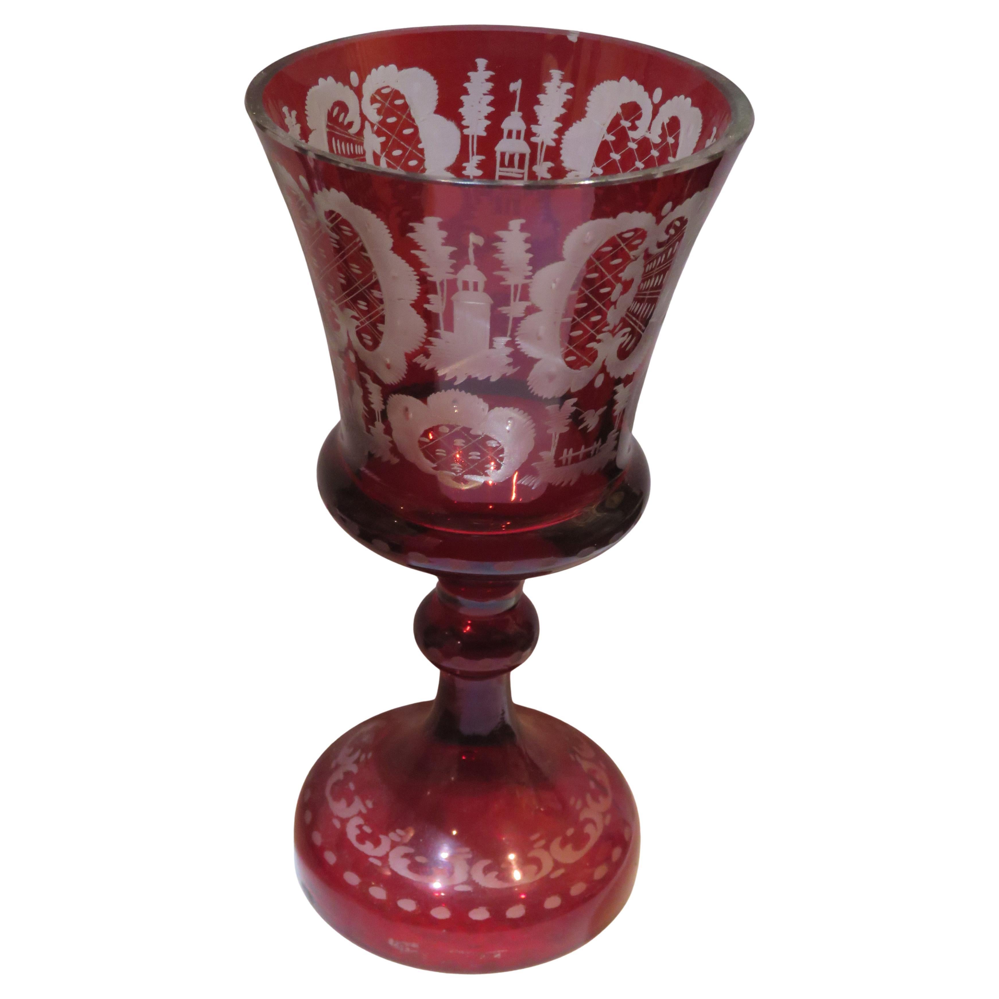 Extremely Rare Important 19th C Etched Cranberry Red to Clear Glass Goblet Cup