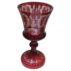 Extremely Rare Important 19th C Etched Cranberry Red to Clear Glass Goblet Cup