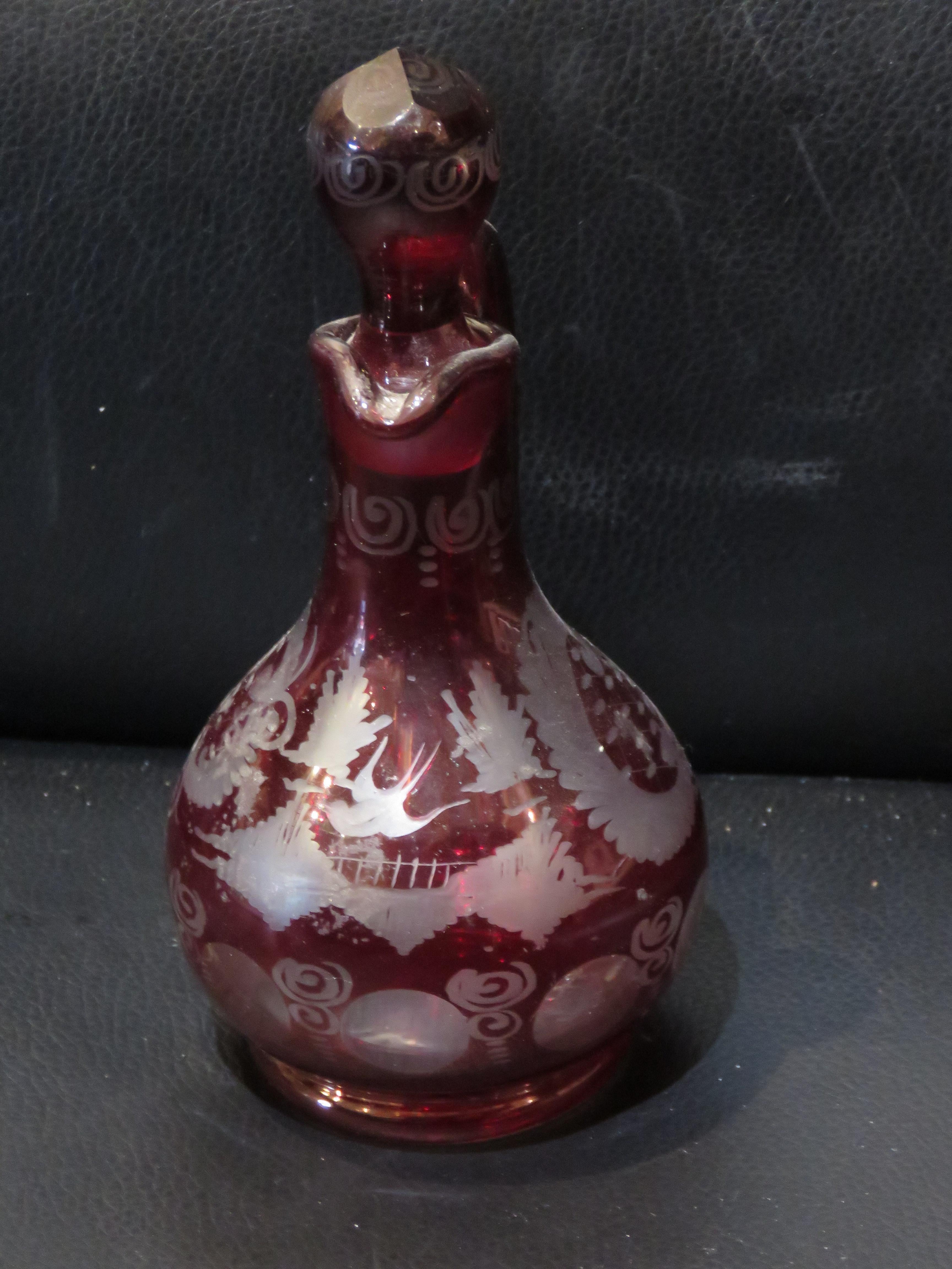 French Extremely Rare Important 19th C Etched Cranberry Red to Clear Small Bottle For Sale