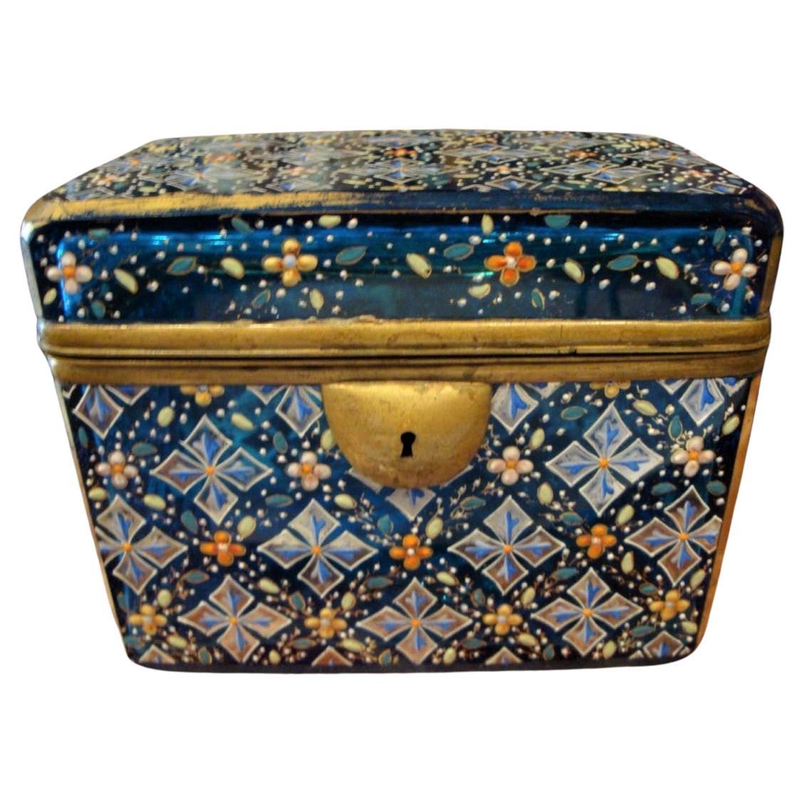 Extremely Rare Important 19th Century Platinum, Blue, White Floral Moser Box For Sale