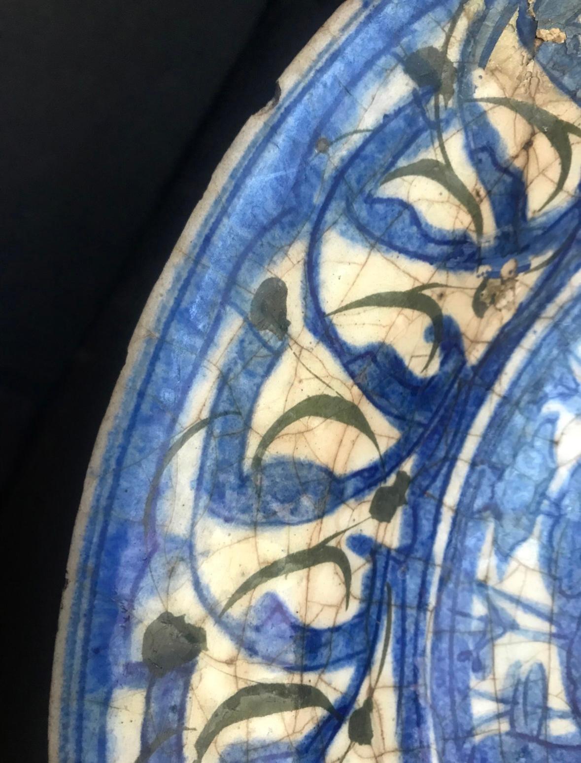 Hand-Painted Extremely Rare Islamic Safavid Blue and White Large Dish Persian 16th Century. For Sale