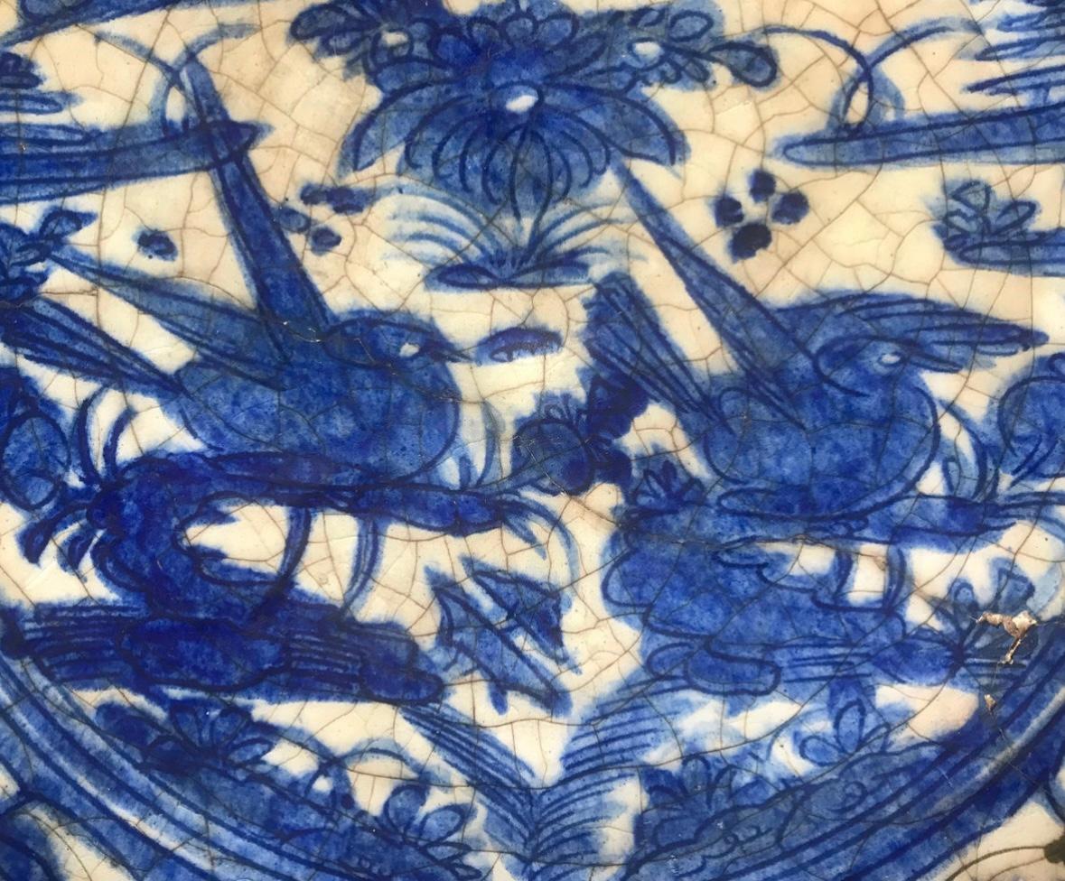 18th Century and Earlier Extremely Rare Islamic Safavid Blue and White Large Dish Persian 16th Century. For Sale