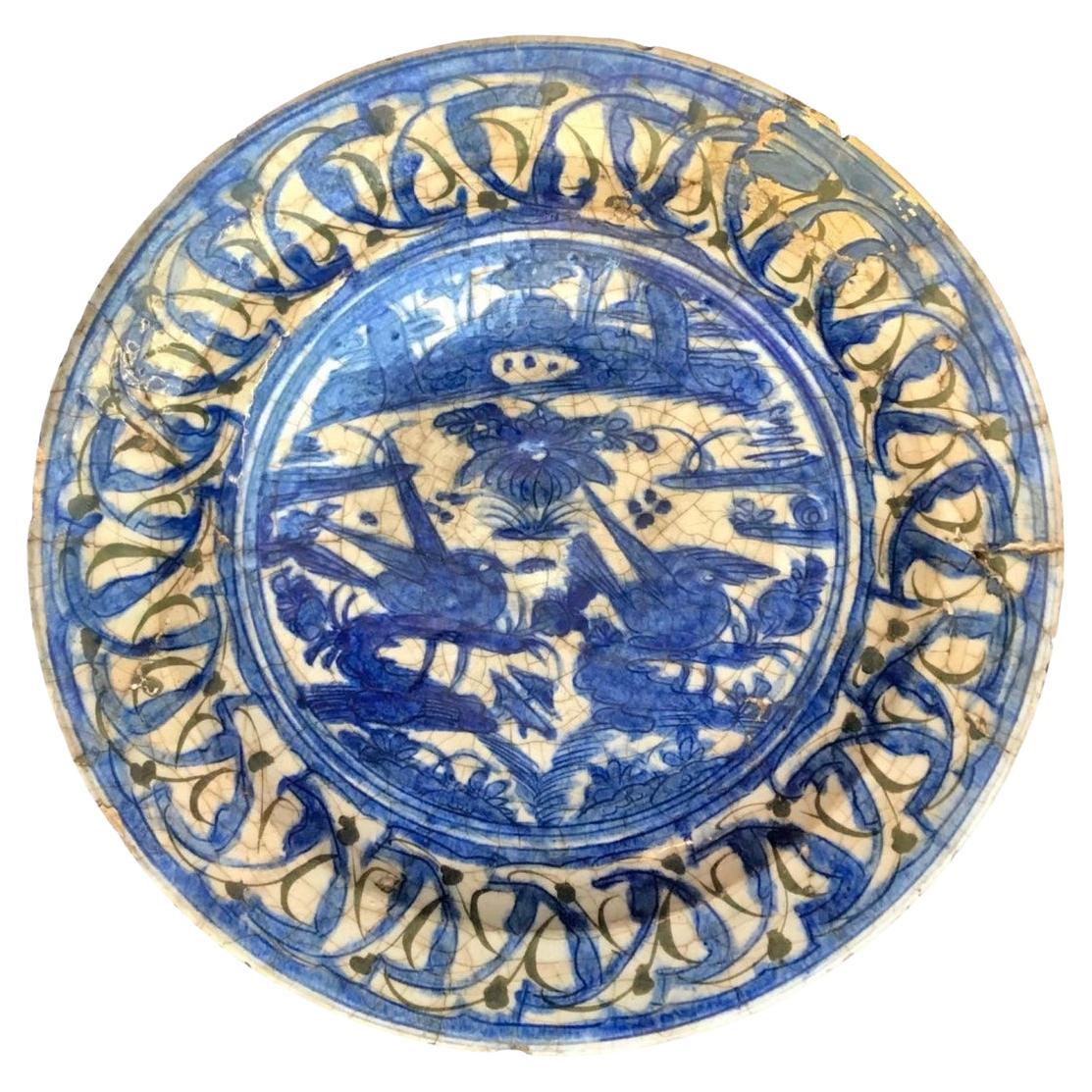 Extremely Rare Islamic Safavid Blue and White Large Dish Persian 16th Century. For Sale