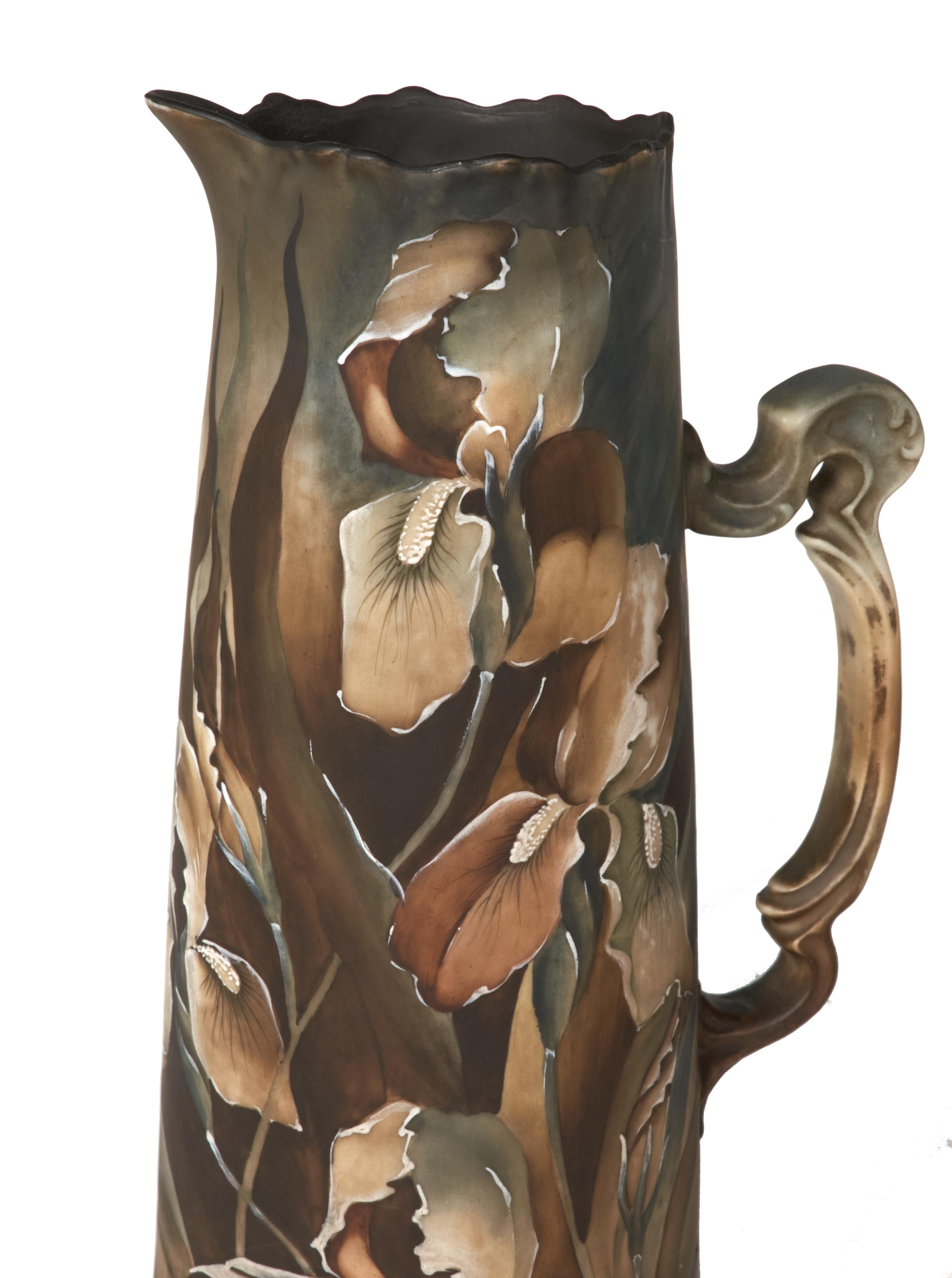 Japanese Extremely Rare Large Royal Kinran Nippon Pitcher Iris Motif