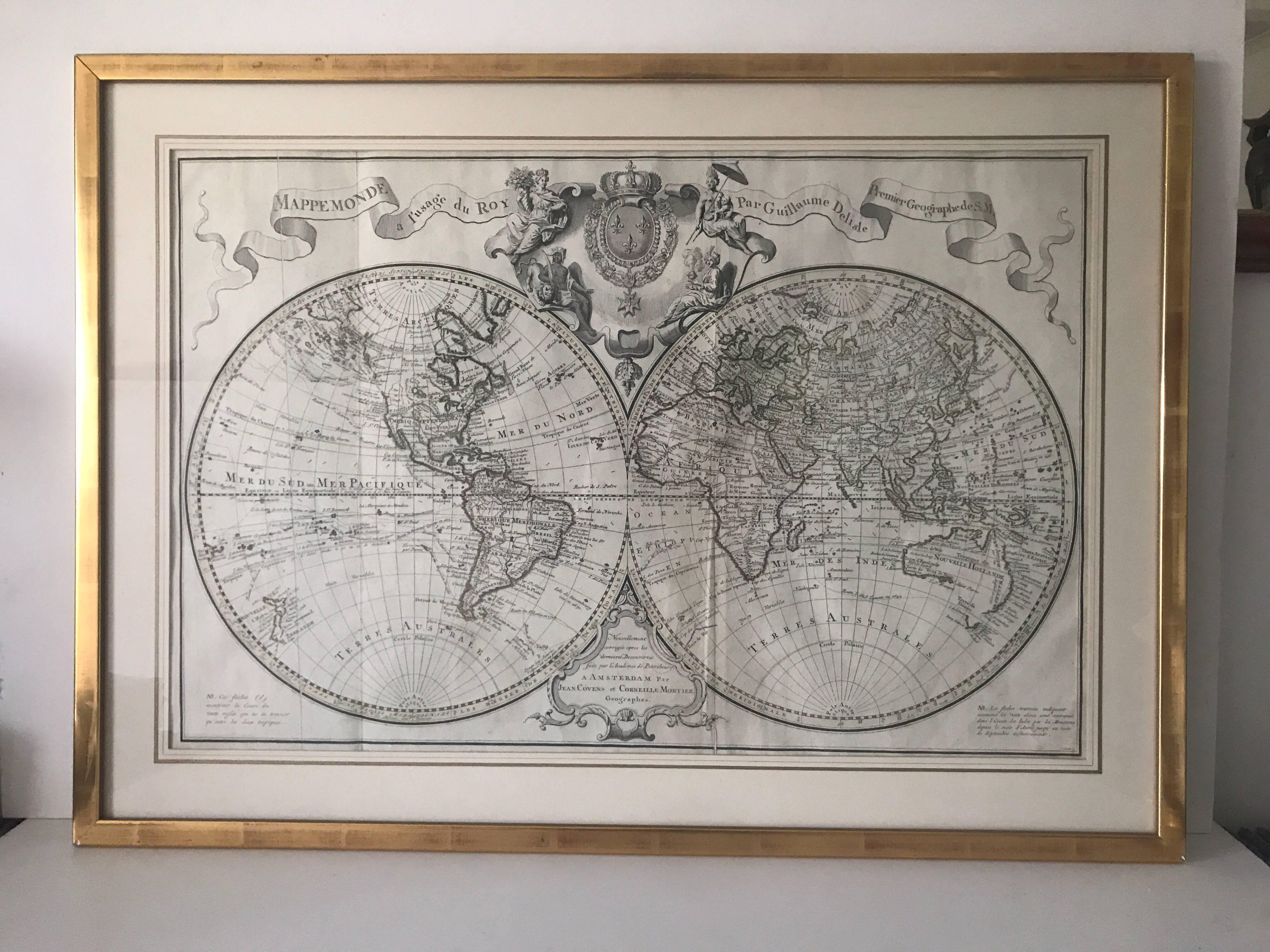 World Map. Delisle, Guillaume - Buache. Mappemonde a l'Usage du Roy par Guillaume Delisle I.er Géographe de S.M. Amsterdam (Covens - Mortier), circa 1730.

Engraved large double-hemisphere map with outline colour, title above the map with the