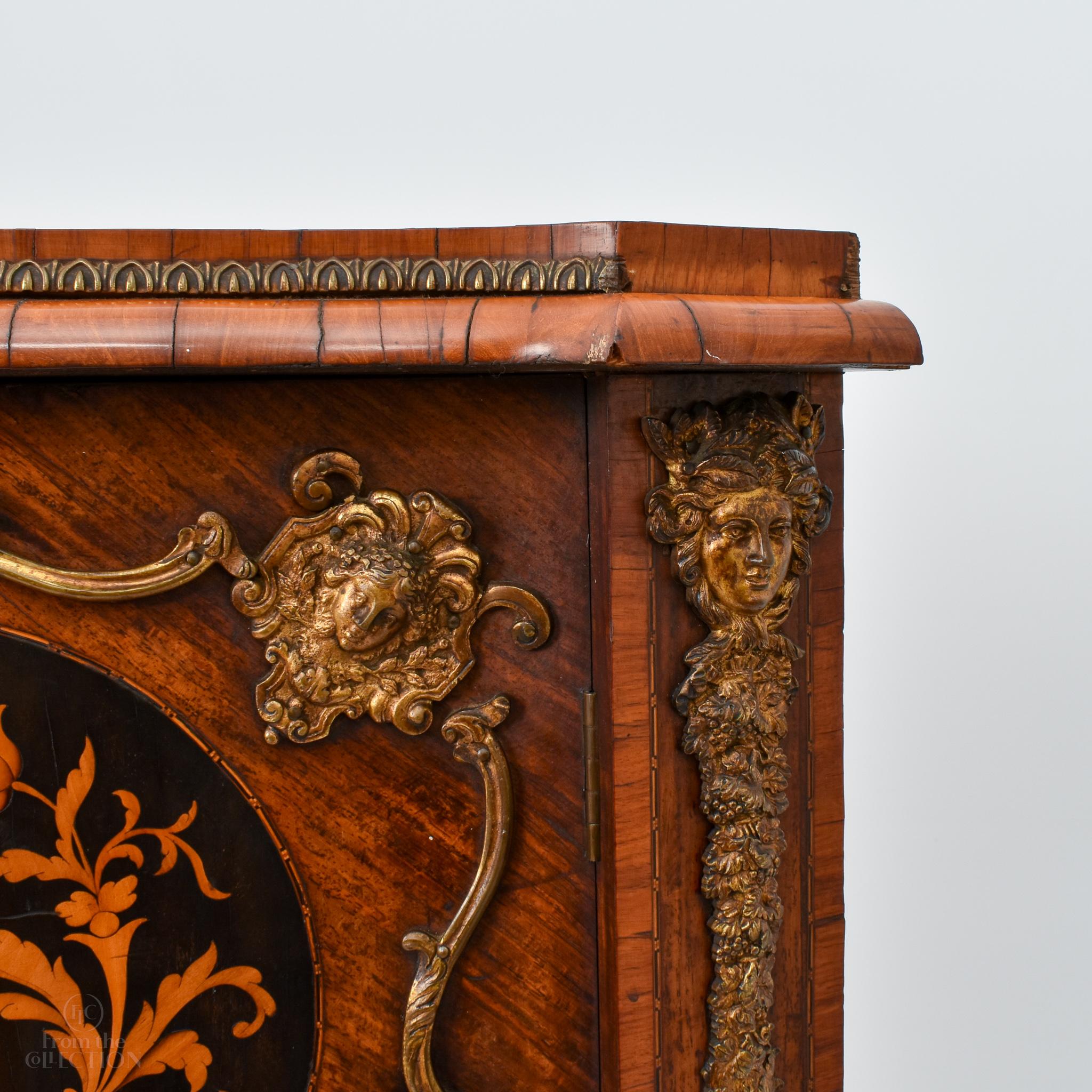 Wood  Extremely Rare Marquetry Corner Cabinets, Ormalu Mount, circa 1880 For Sale