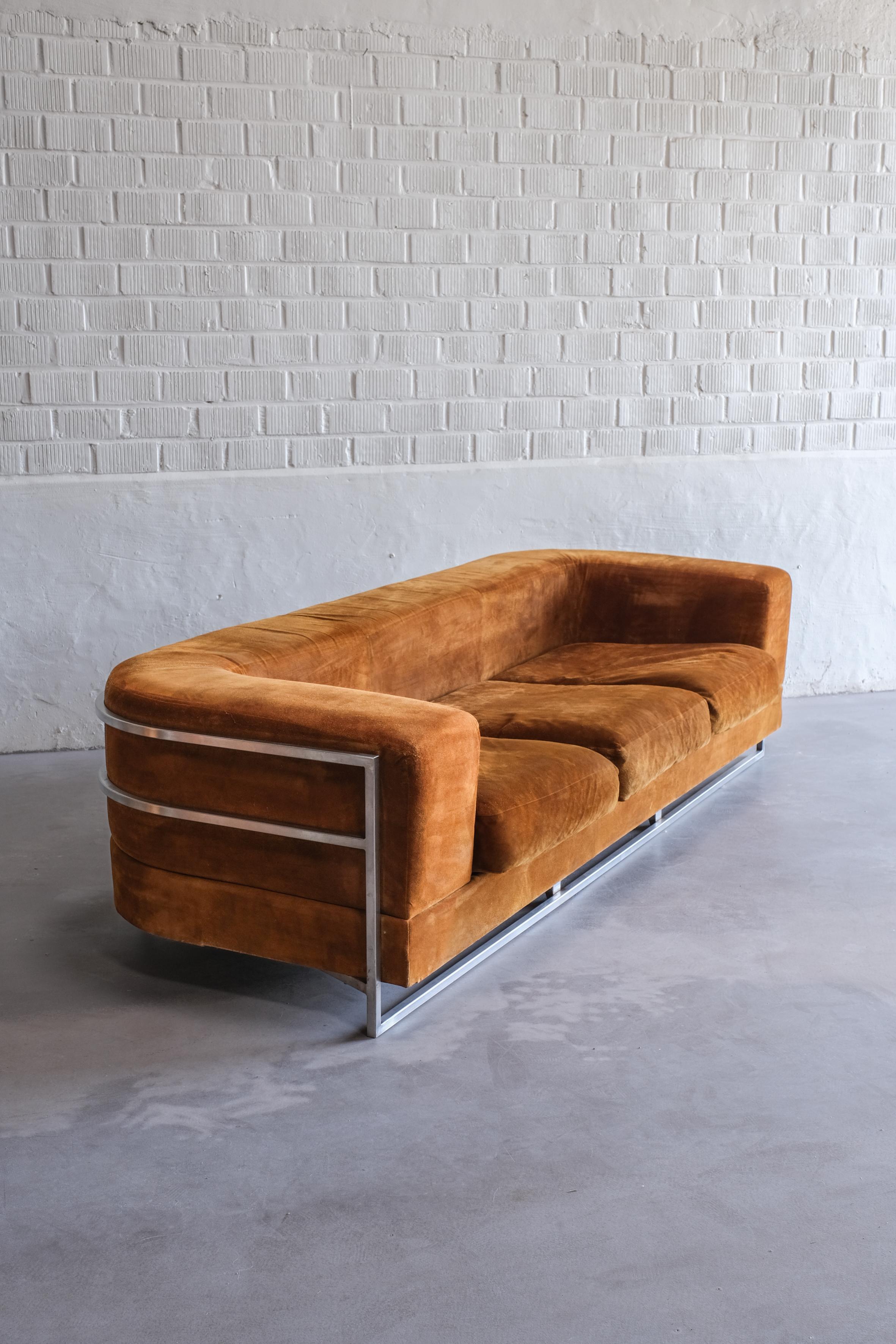 Extremely rare mid century sofa by Jacques Charpentier France, suede textile For Sale 3