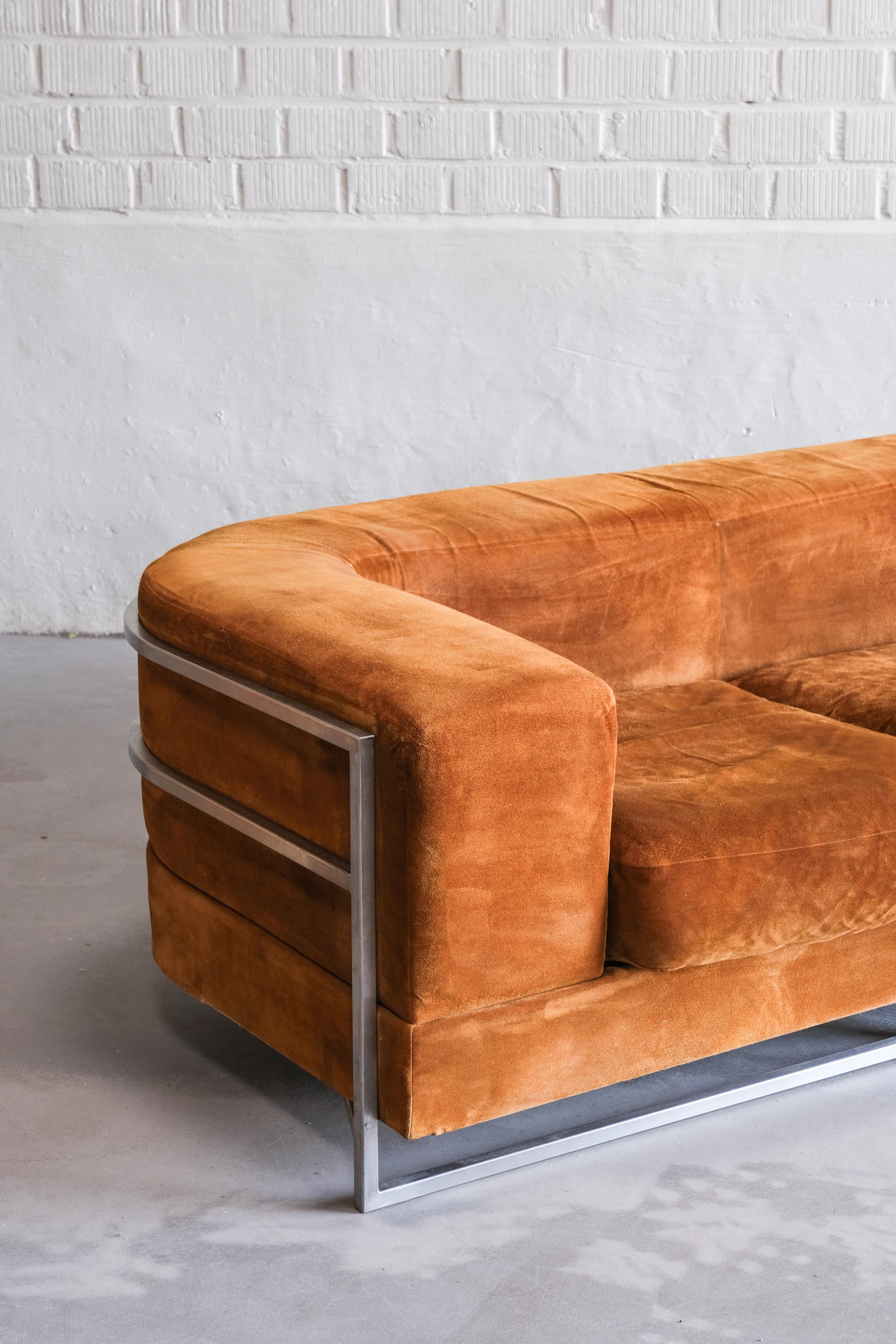 20th Century Extremely rare mid century sofa by Jacques Charpentier France, suede textile For Sale