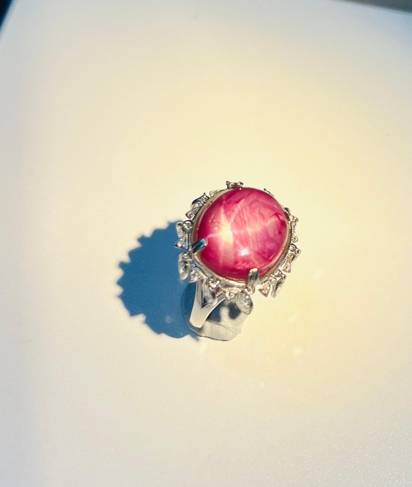 Cabochon Extremely Rare Natural Star Ruby 20.68 ct 18k 2.06 ct Diamond Art Deco Ring For Sale