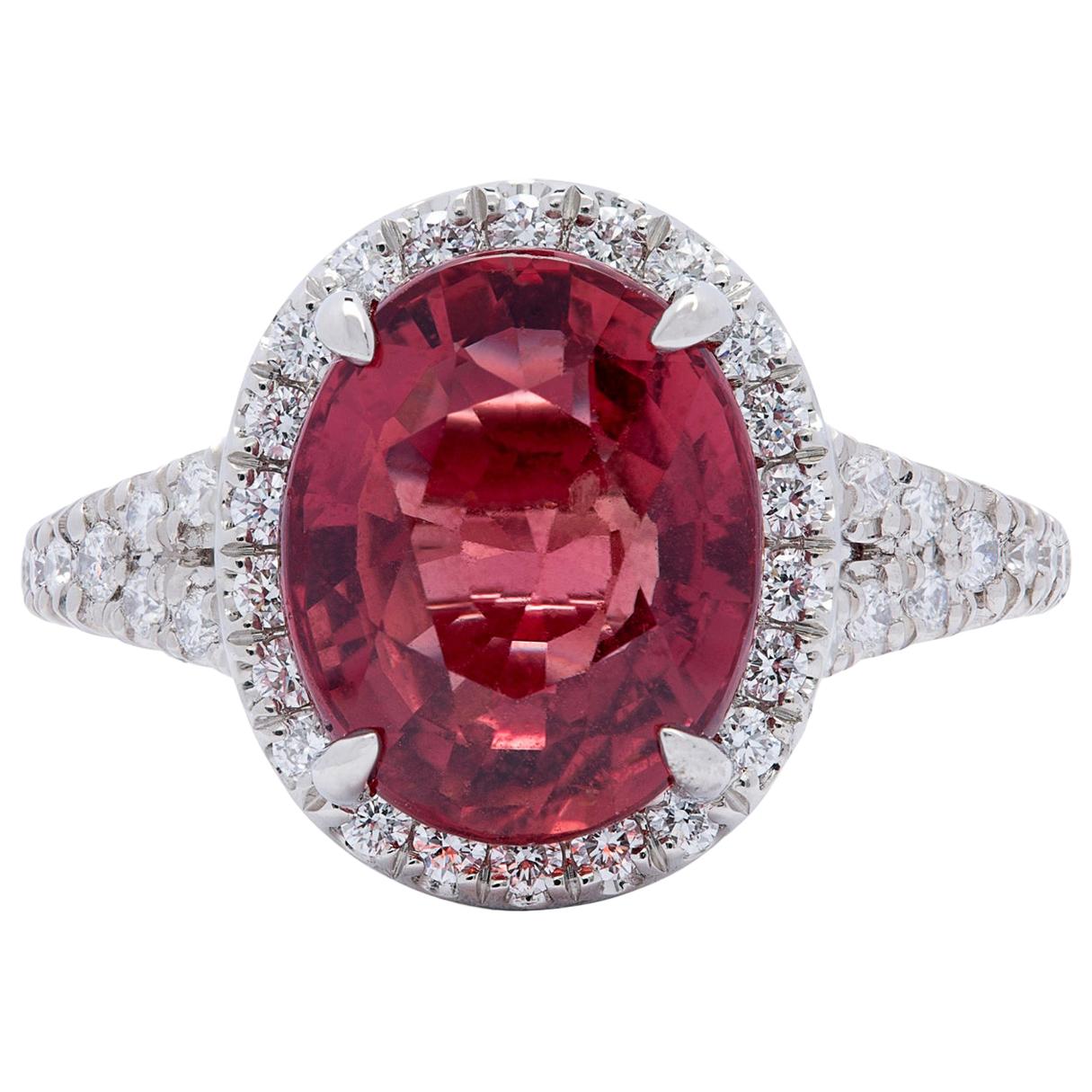Extremely Rare No Heat GIA 5.10 Carat Red-Orange Sapphire Diamond Ring For Sale