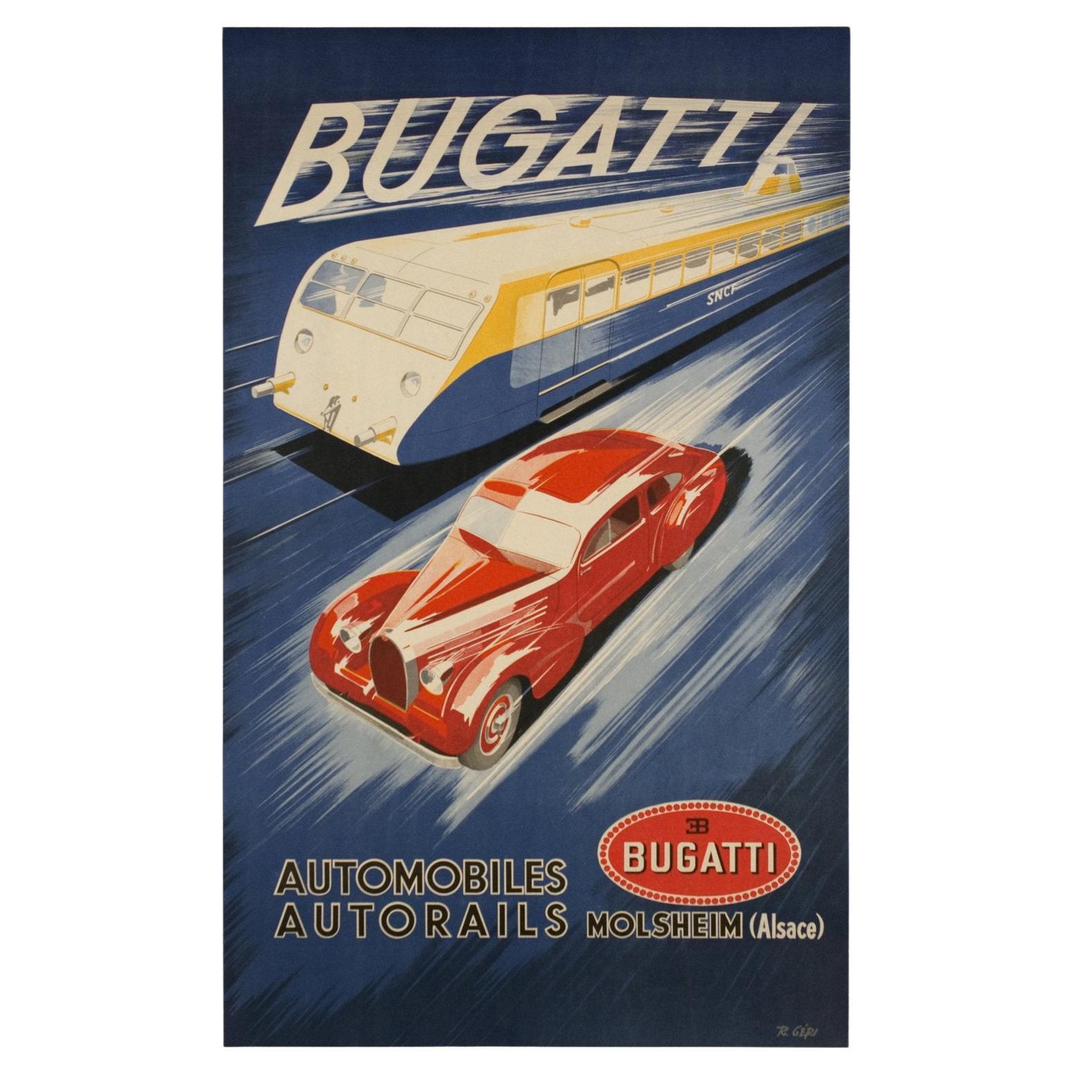 Äußerst seltene Original Bugatti Litho "Automobile und Triebwagen" R. GERI 1935