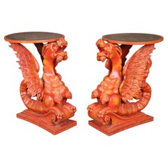 Extremely Rare Pair Full Body carved Griffin Leather Top End Tables Circa 1890s