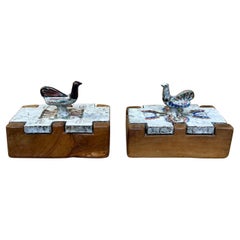 Extremely rare pair of boxes, glazed ceramic and wood. Jean Derval, Vallauris.